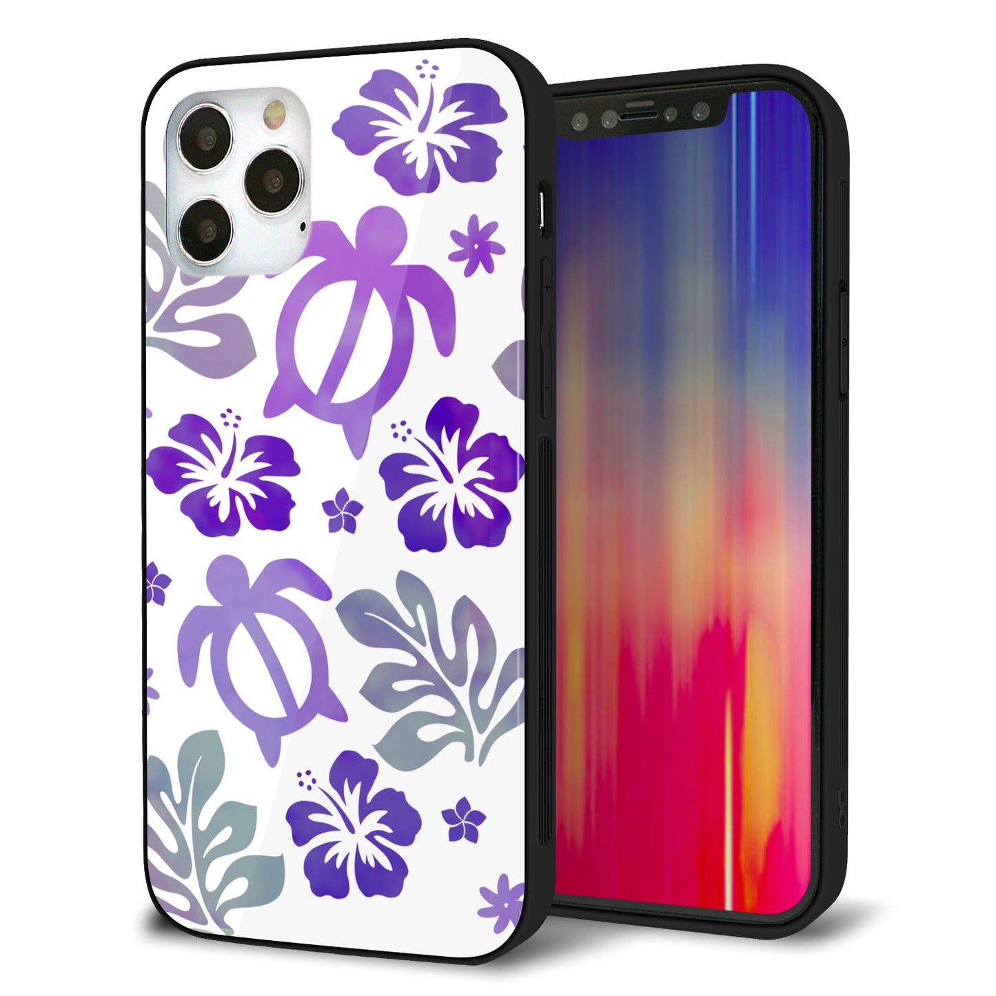 iPhone 12 Pro 強化ガラス＆TPUスマホケース ガラプリ【SC878 ハワイアンアロハホヌ（パープル）】