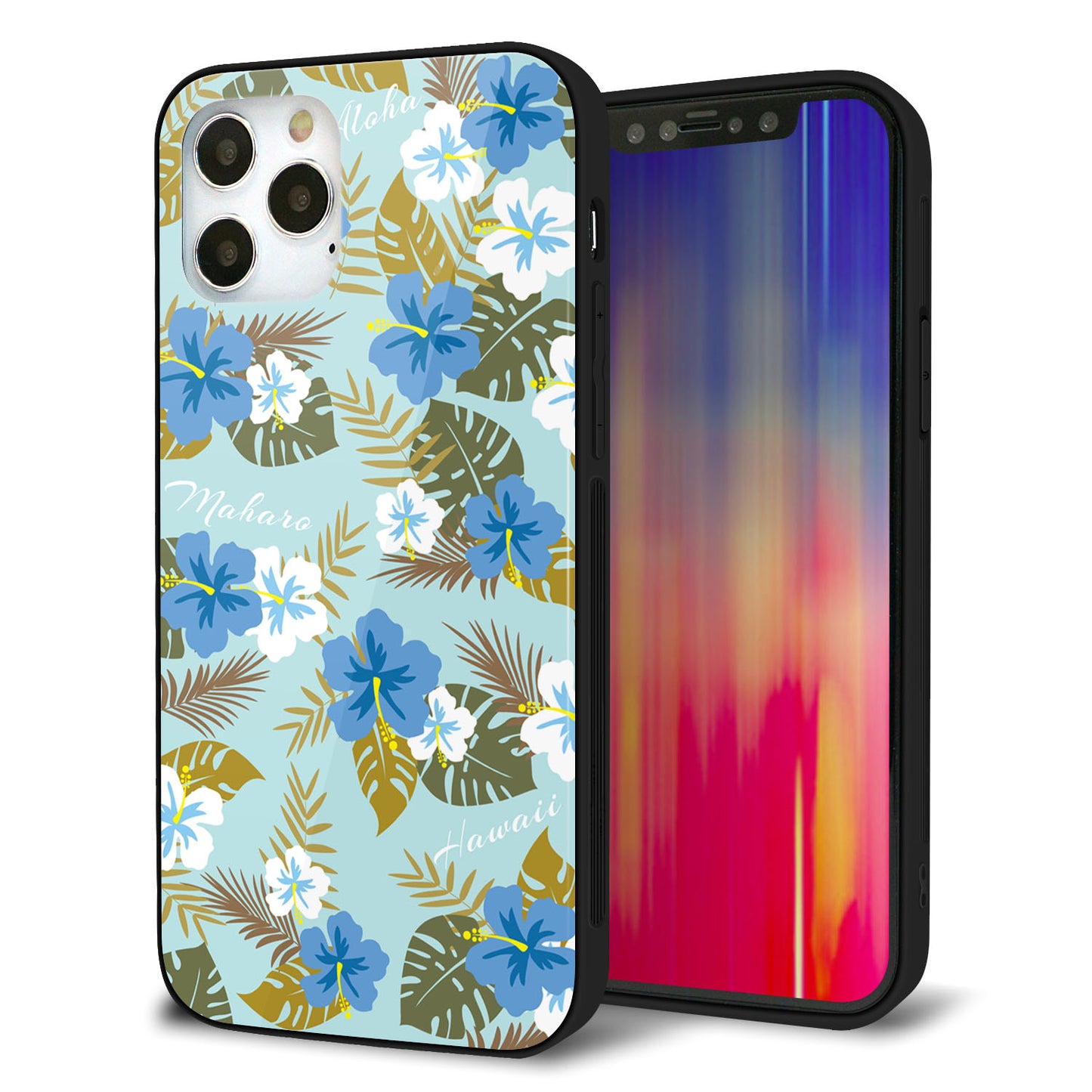 iPhone 12 Pro 強化ガラス＆TPUスマホケース ガラプリ【SC883 ハワイアンアロハレトロ（ブルー）】