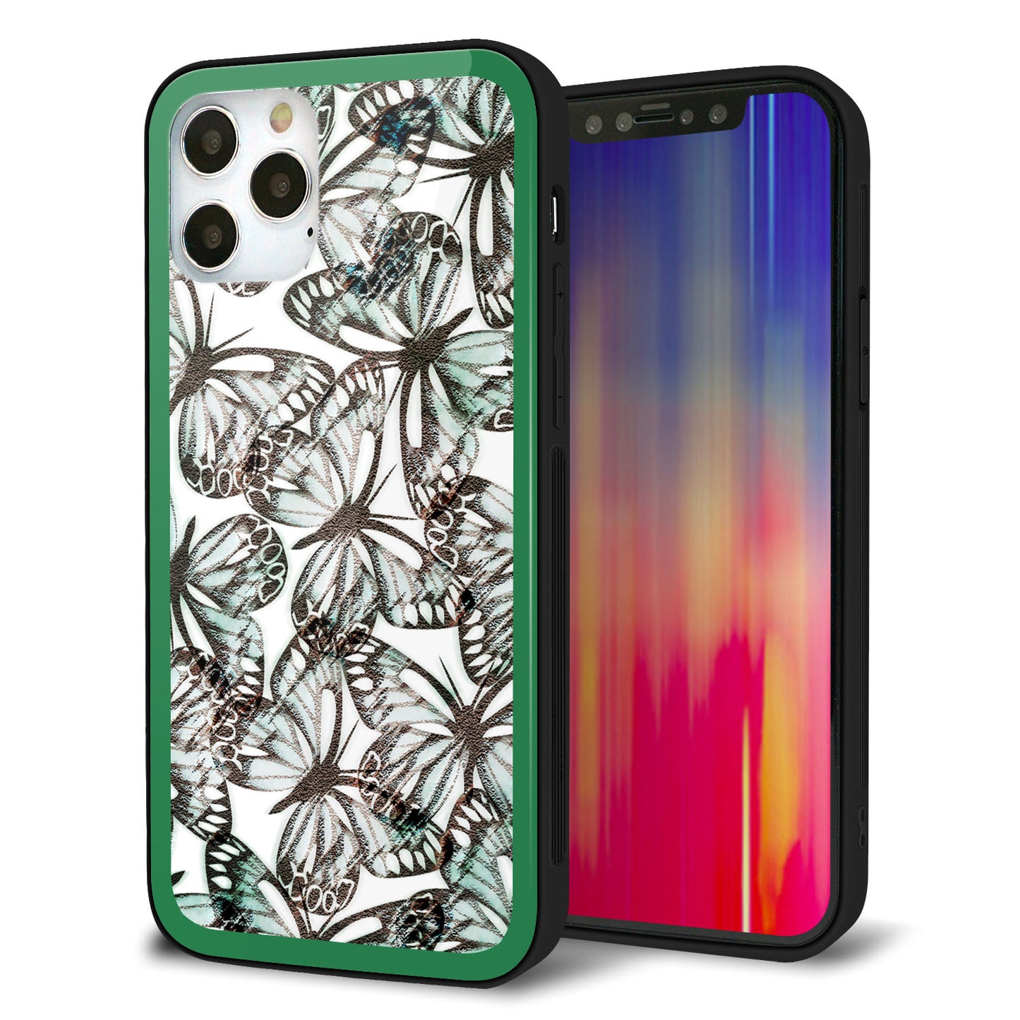 iPhone 12 Pro 強化ガラス＆TPUスマホケース ガラプリ【SC902 ガーデンバタフライ グリーン】