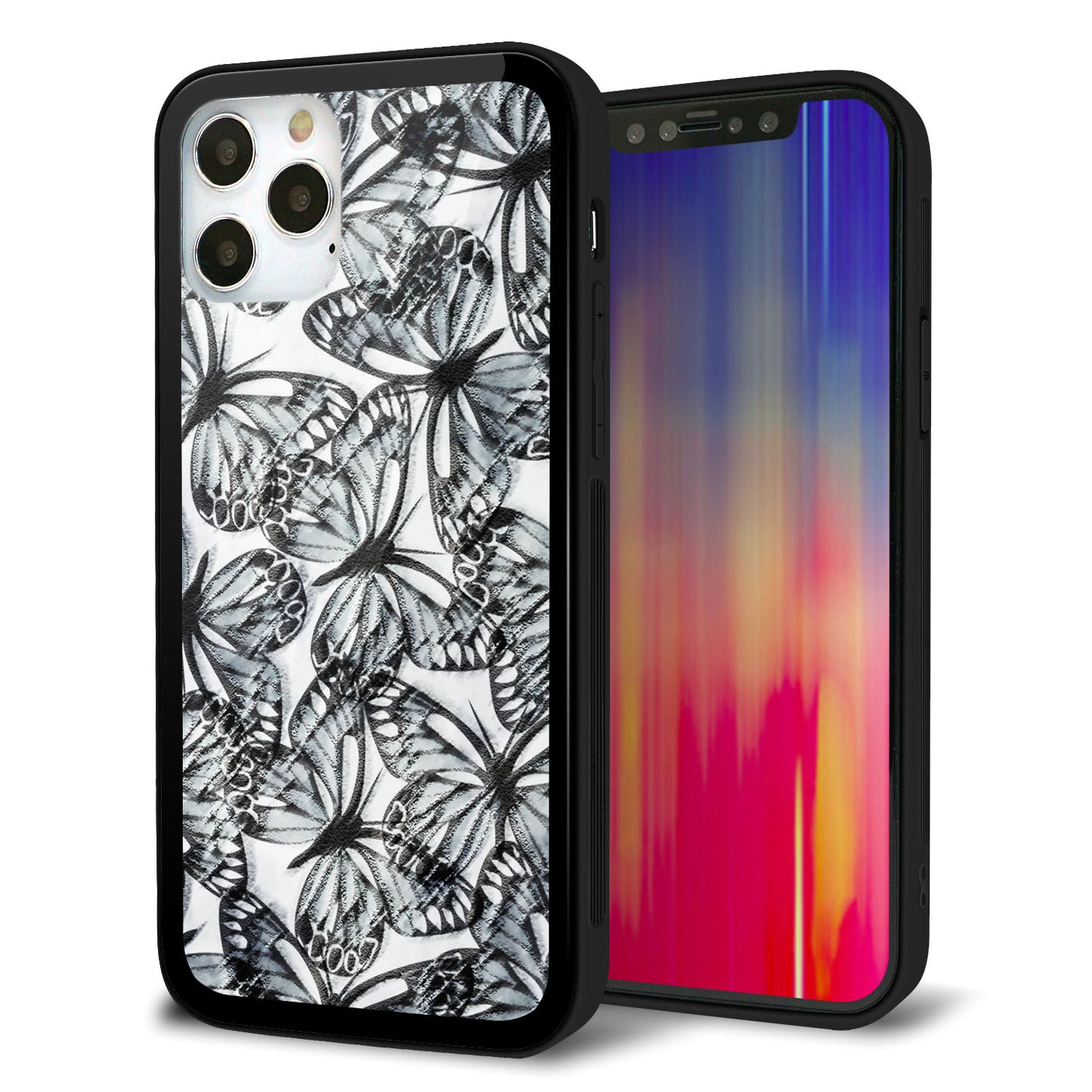 iPhone 12 Pro 強化ガラス＆TPUスマホケース ガラプリ【SC905 ガーデンバタフライ ブラック】