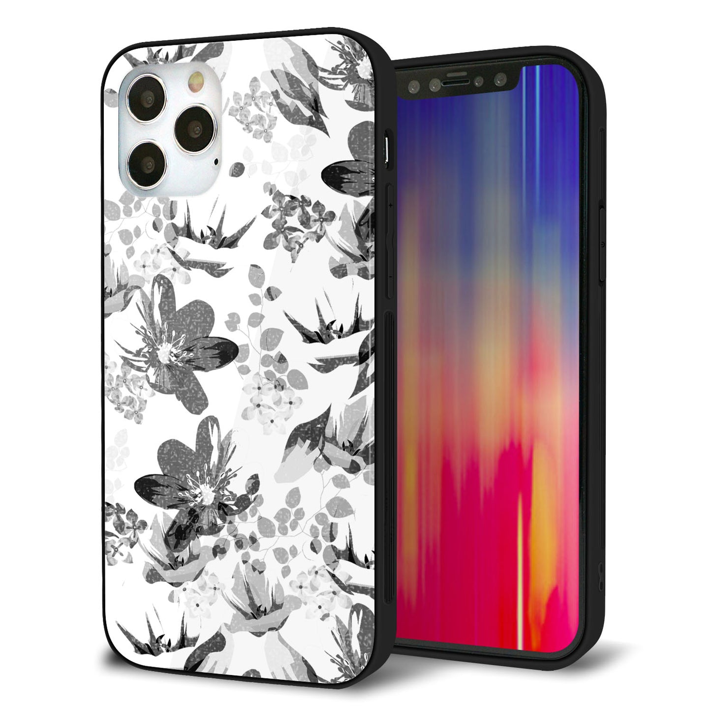 iPhone 12 Pro 強化ガラス＆TPUスマホケース ガラプリ【SC914 花柄モノトーン 03】