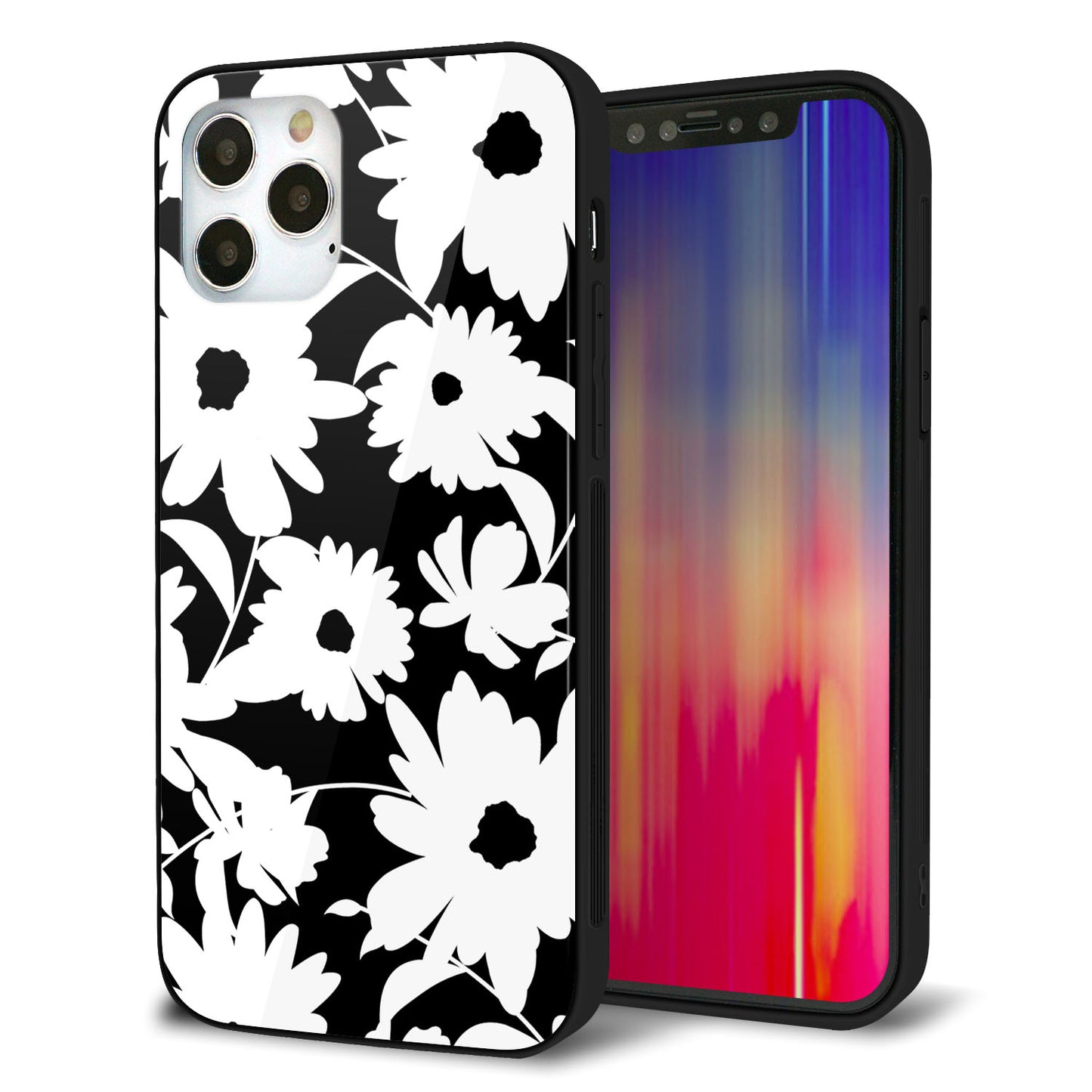 iPhone 12 Pro 強化ガラス＆TPUスマホケース ガラプリ【SC915 花柄モノトーン 04】
