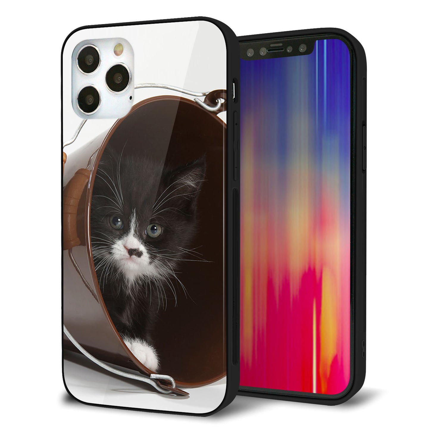 iPhone 12 Pro 強化ガラス＆TPUスマホケース ガラプリ【VA800 ネコとバケツ】
