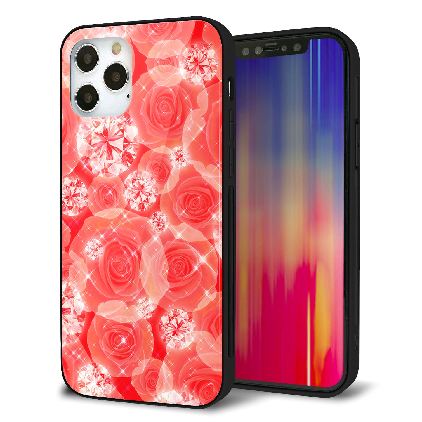 iPhone 12 Pro 強化ガラス＆TPUスマホケース ガラプリ【VA816 ダイヤモンドとバラ】