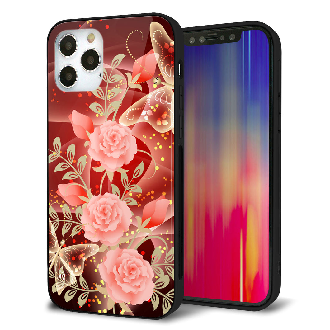 iPhone 12 Pro 強化ガラス＆TPUスマホケース ガラプリ【VA824 魅惑の蝶とピンクのバラ】