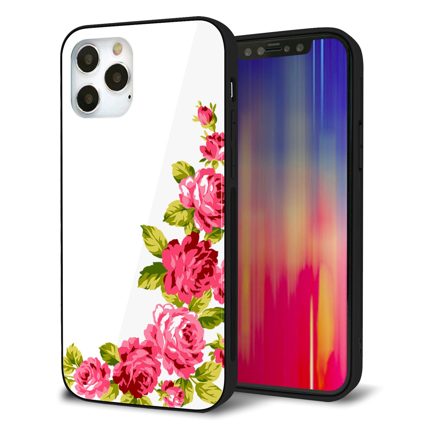 iPhone 12 Pro 強化ガラス＆TPUスマホケース ガラプリ【VA825 バラのフレーム(白)】
