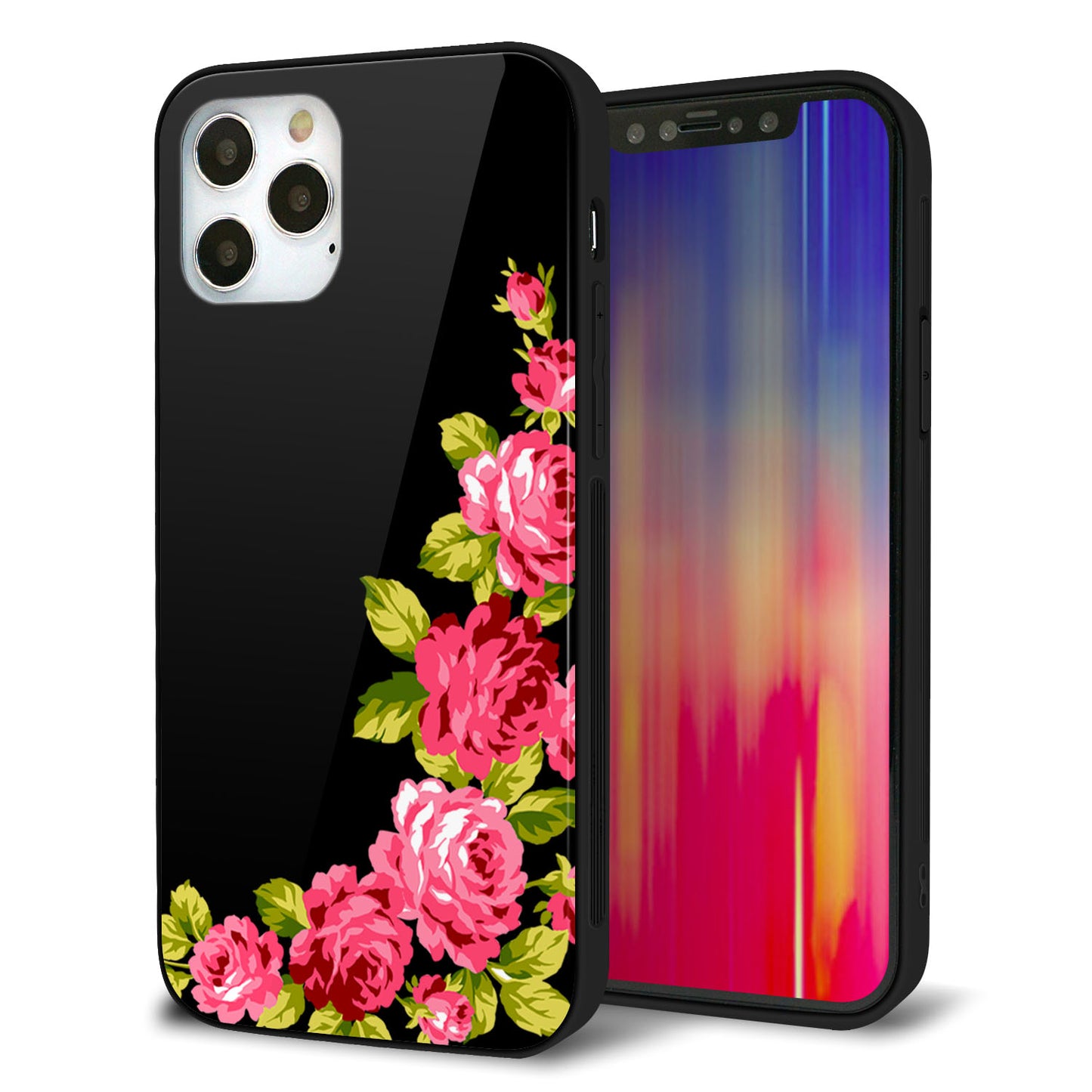 iPhone 12 Pro 強化ガラス＆TPUスマホケース ガラプリ【VA826 バラのフレーム(黒)】