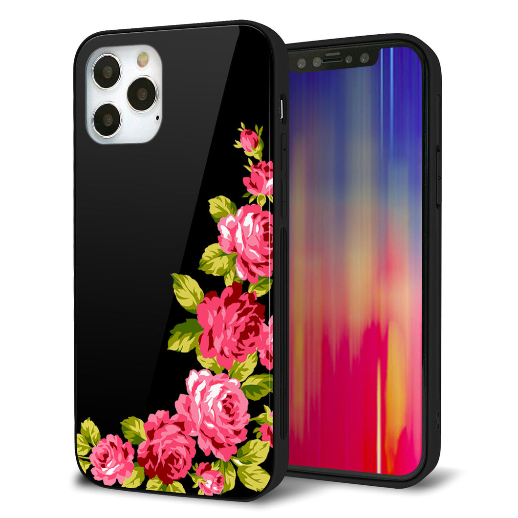 iPhone 12 Pro 強化ガラス＆TPUスマホケース ガラプリ【VA826 バラのフレーム(黒)】