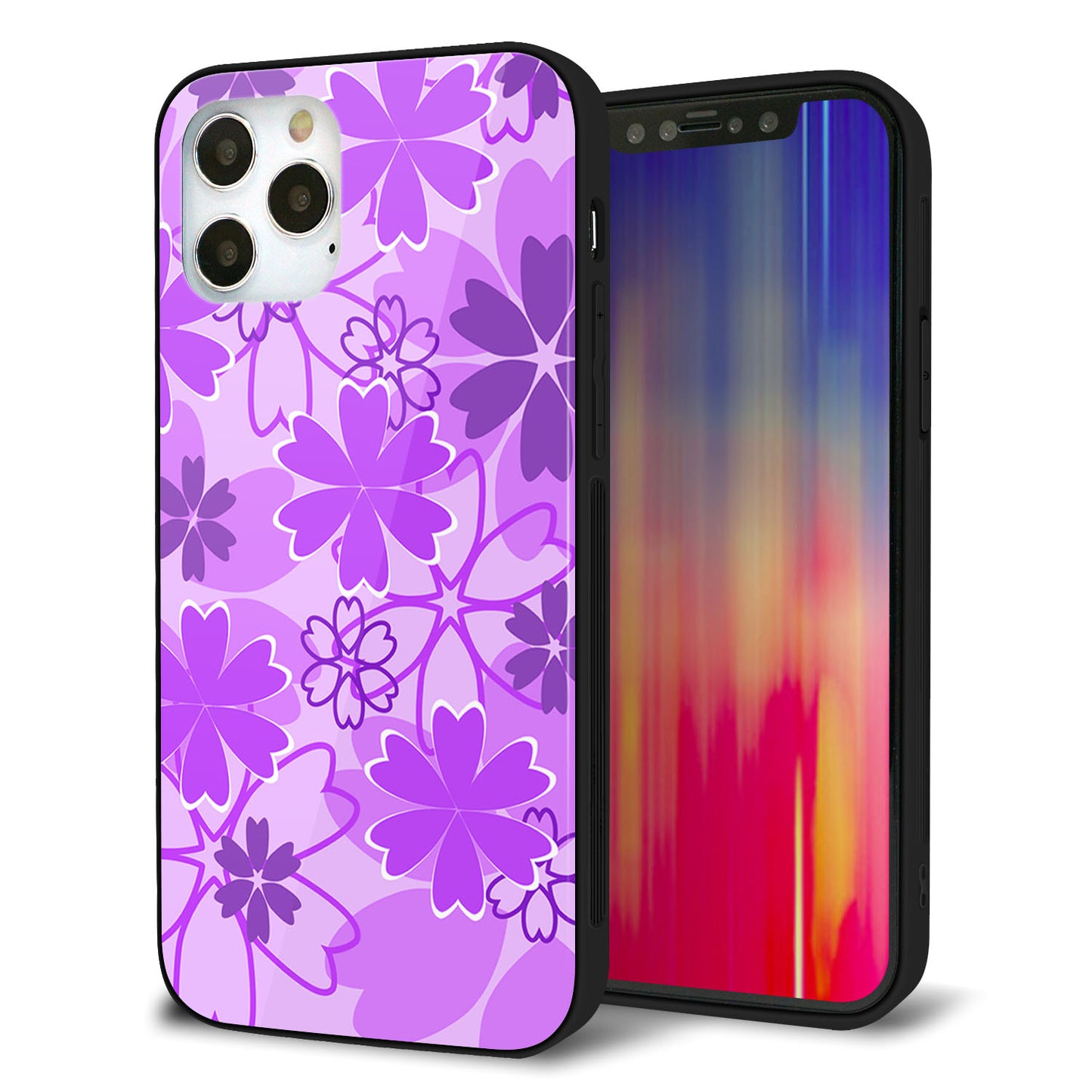 iPhone 12 Pro 強化ガラス＆TPUスマホケース ガラプリ【VA960 重なり合う花 パープル】