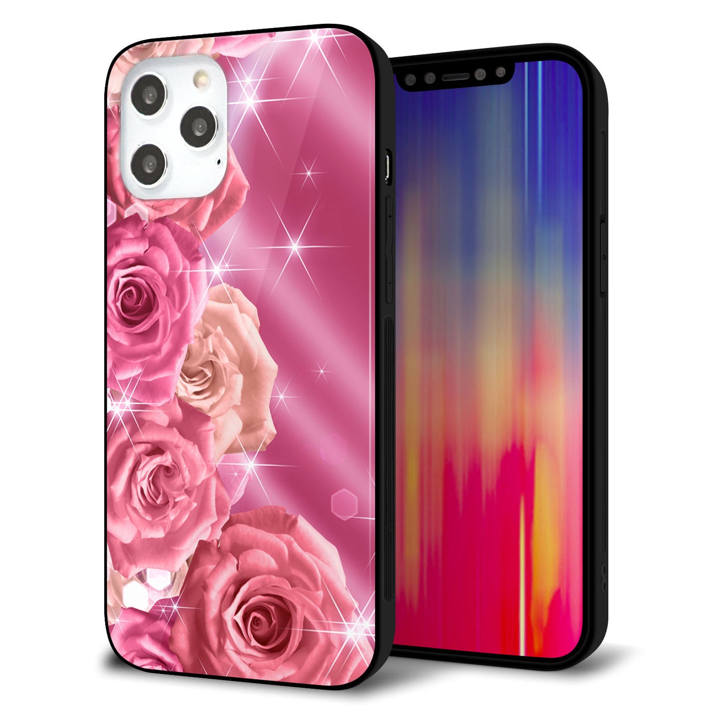 iPhone 12 Pro Max 強化ガラス＆TPUスマホケース ガラプリ【1182 ピンクの薔薇に誘われて】