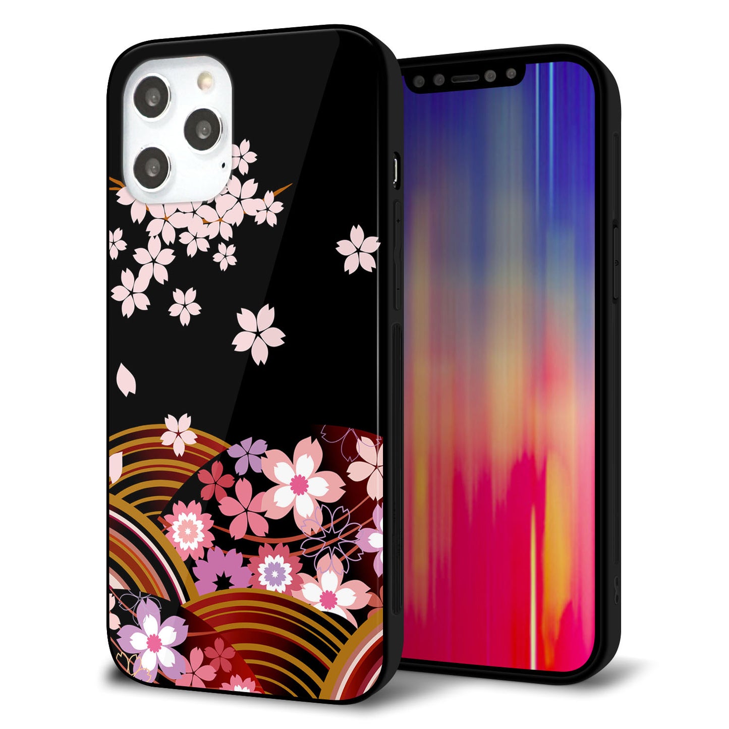 iPhone 12 Pro Max 強化ガラス＆TPUスマホケース ガラプリ【1237 和柄＆筆文字・夜桜の宴】