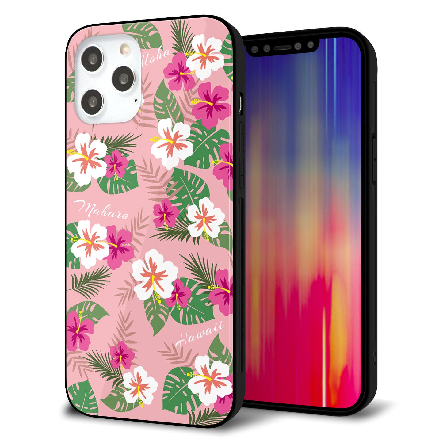 iPhone 12 Pro Max 強化ガラス＆TPUスマホケース ガラプリ【SC882 ハワイアンアロハレトロ（ピンク）】
