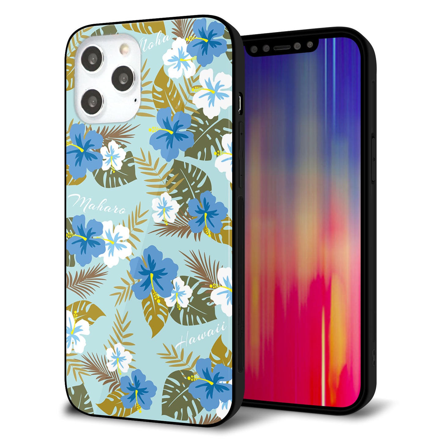 iPhone 12 Pro Max 強化ガラス＆TPUスマホケース ガラプリ【SC883 ハワイアンアロハレトロ（ブルー）】