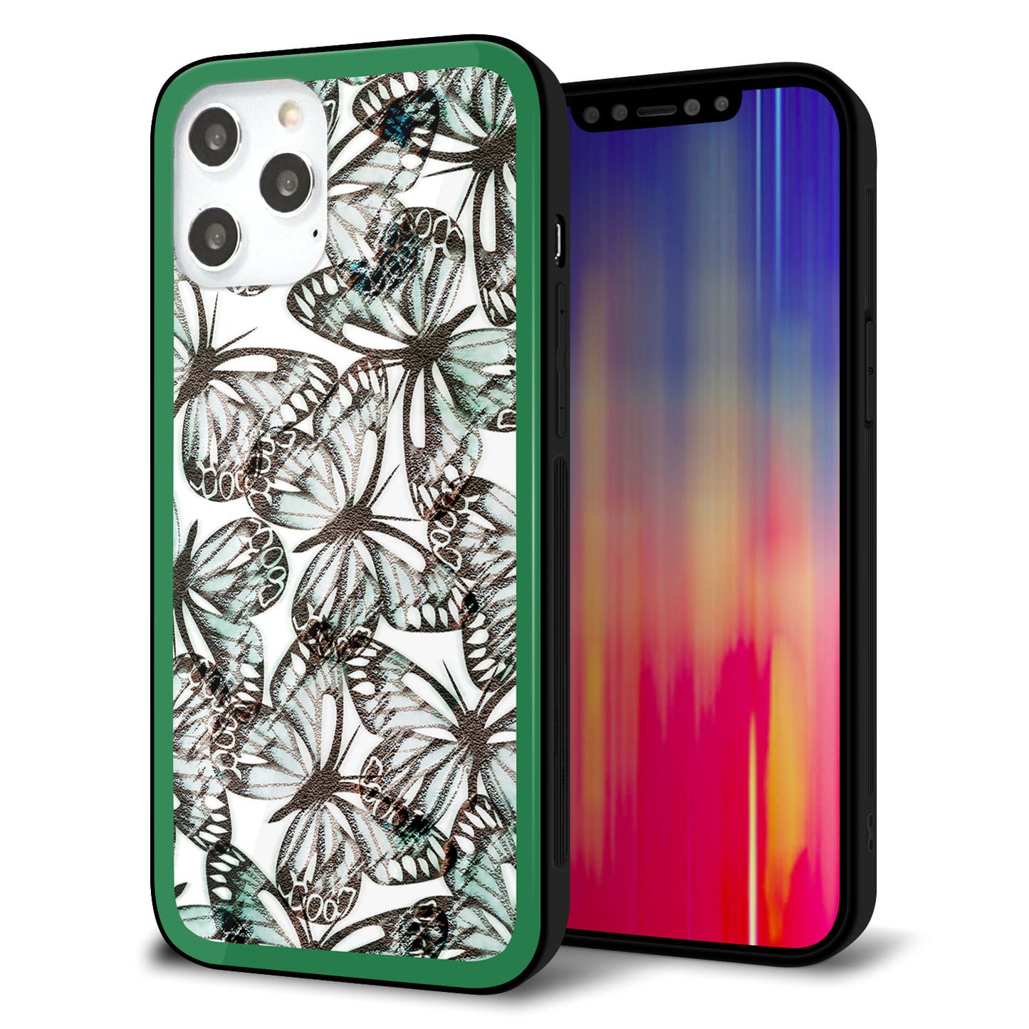 iPhone 12 Pro Max 強化ガラス＆TPUスマホケース ガラプリ【SC902 ガーデンバタフライ グリーン】