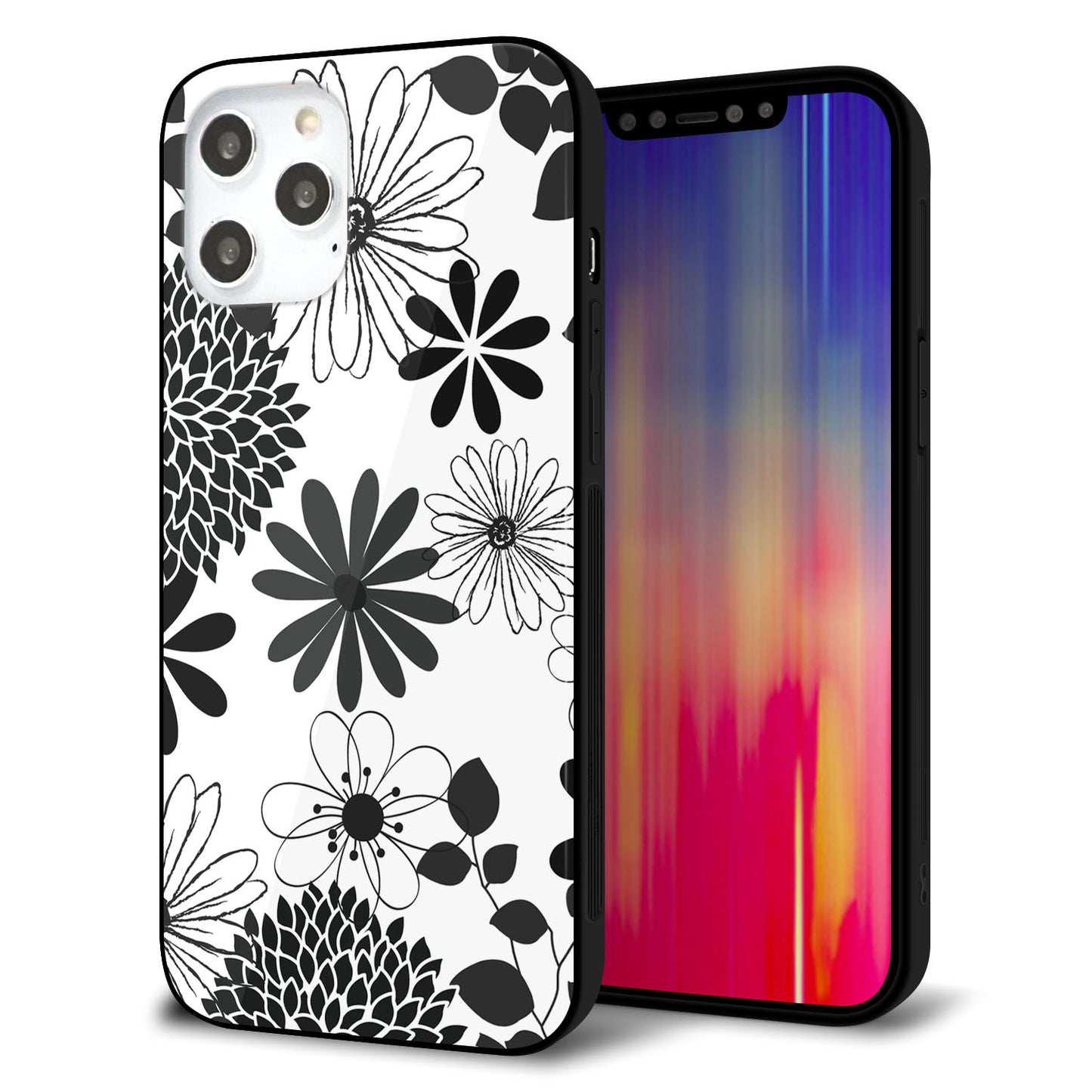 iPhone 12 Pro Max 強化ガラス＆TPUスマホケース ガラプリ【SC912 花柄モノトーン 01】