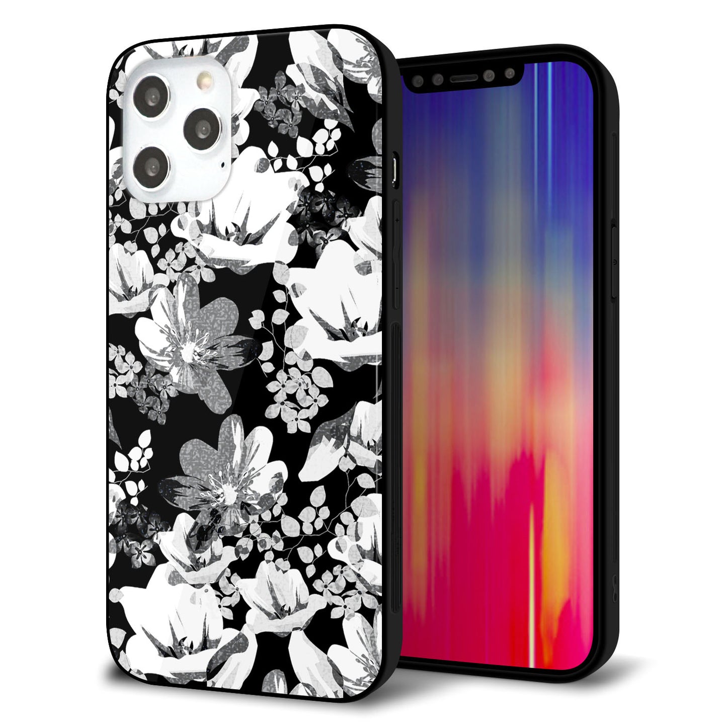 iPhone 12 Pro Max 強化ガラス＆TPUスマホケース ガラプリ【SC913 花柄モノトーン 02】