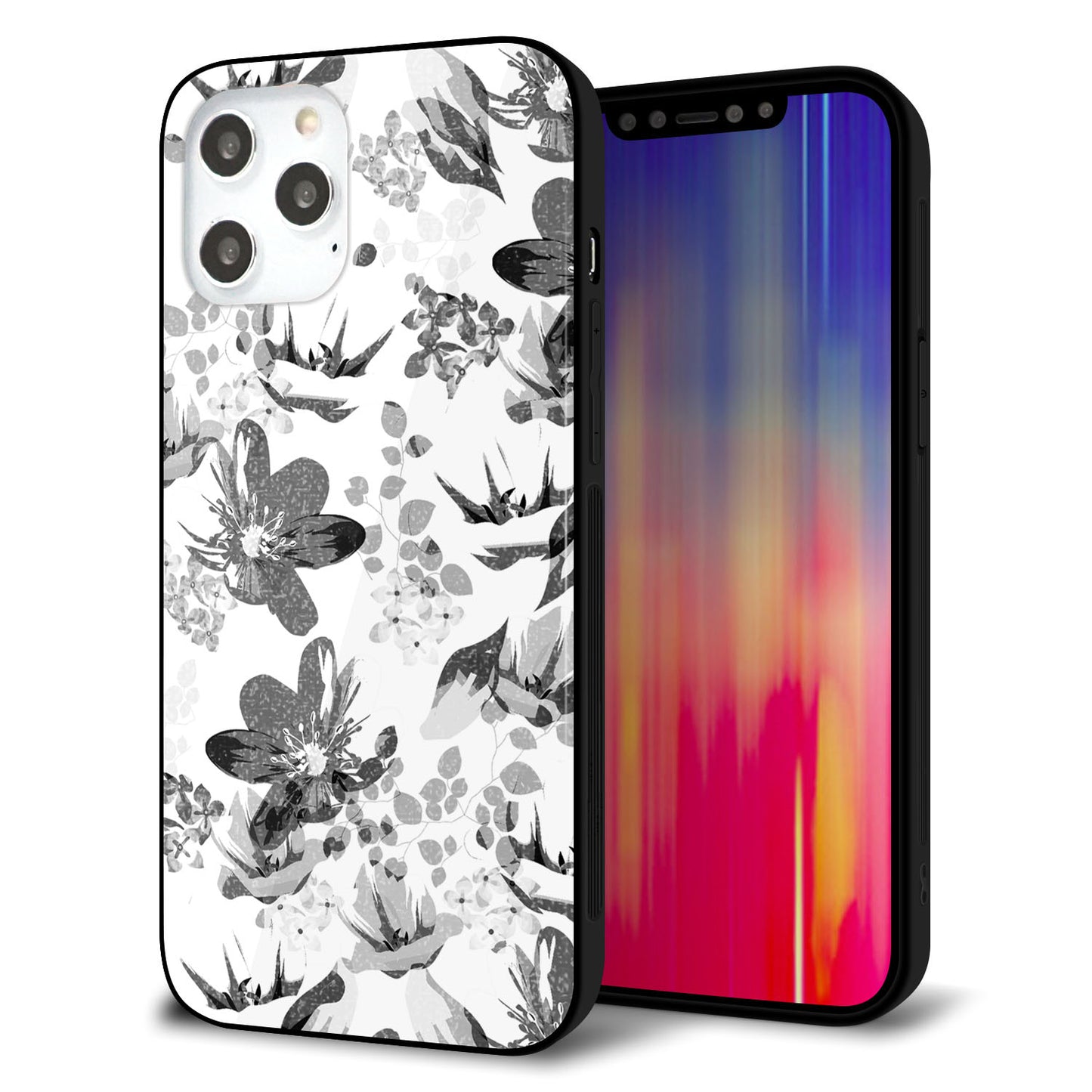 iPhone 12 Pro Max 強化ガラス＆TPUスマホケース ガラプリ【SC914 花柄モノトーン 03】