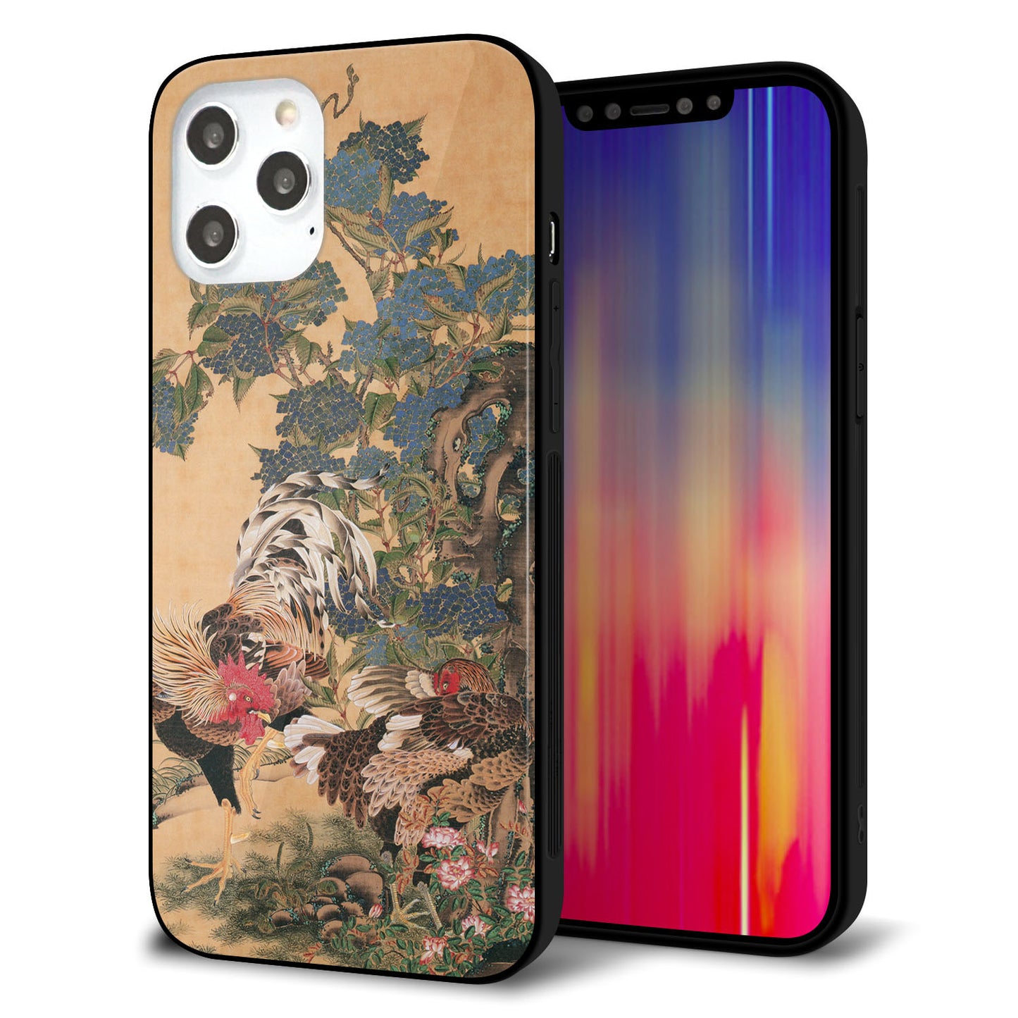 iPhone 12 Pro Max 強化ガラス＆TPUスマホケース ガラプリ【TA006 紫陽花双鶏】