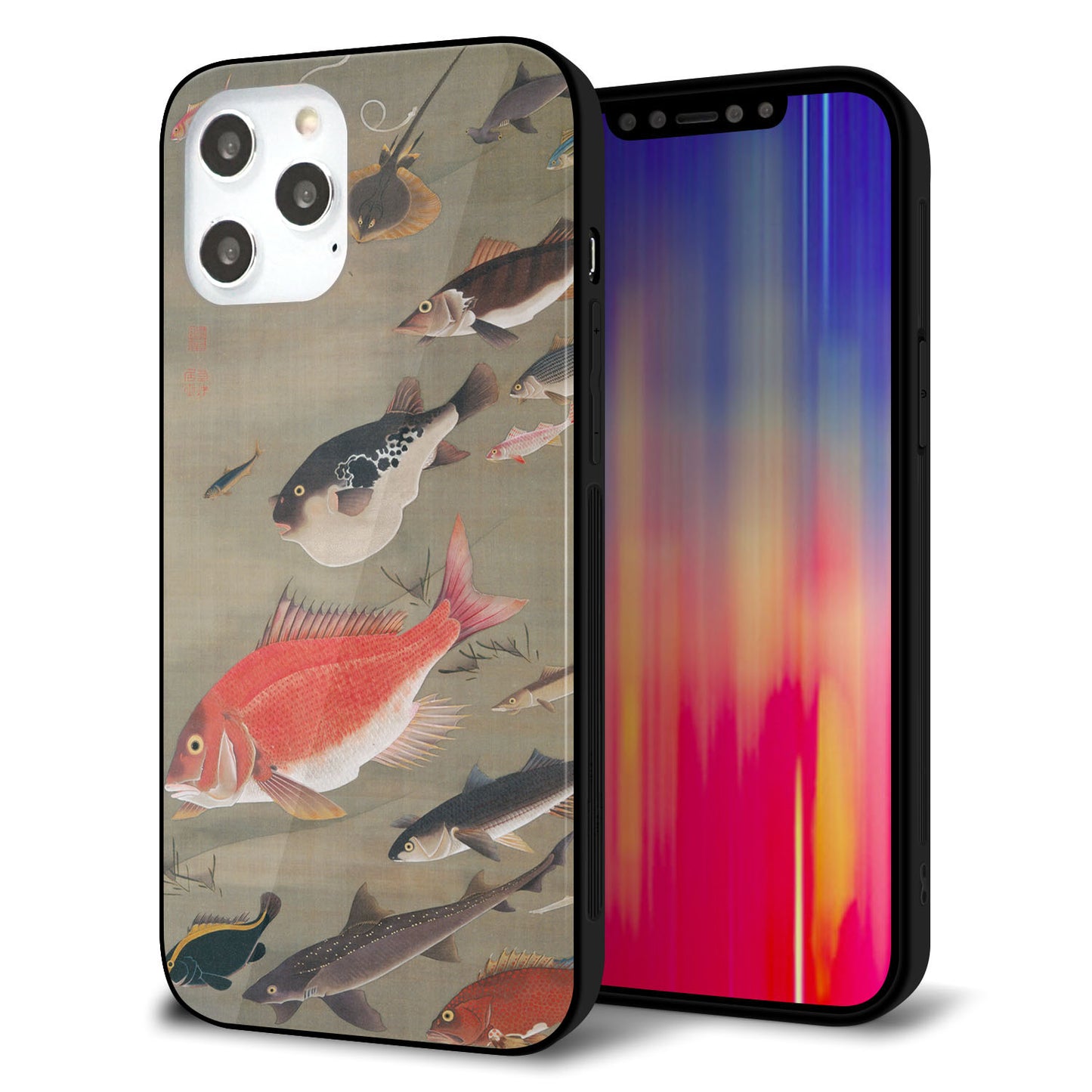 iPhone 12 Pro Max 強化ガラス＆TPUスマホケース ガラプリ【TA007 群魚】