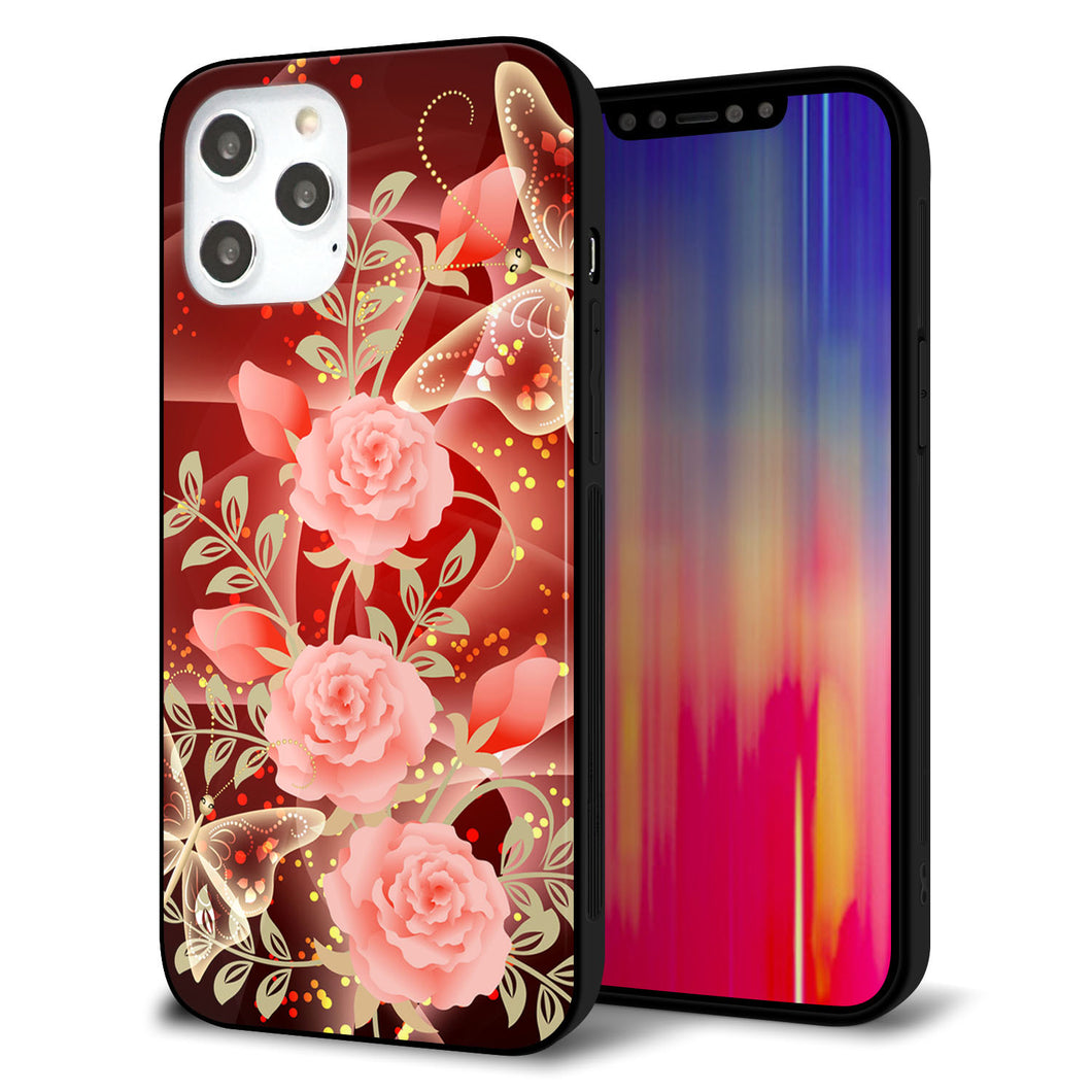 iPhone 12 Pro Max 強化ガラス＆TPUスマホケース ガラプリ【VA824 魅惑の蝶とピンクのバラ】