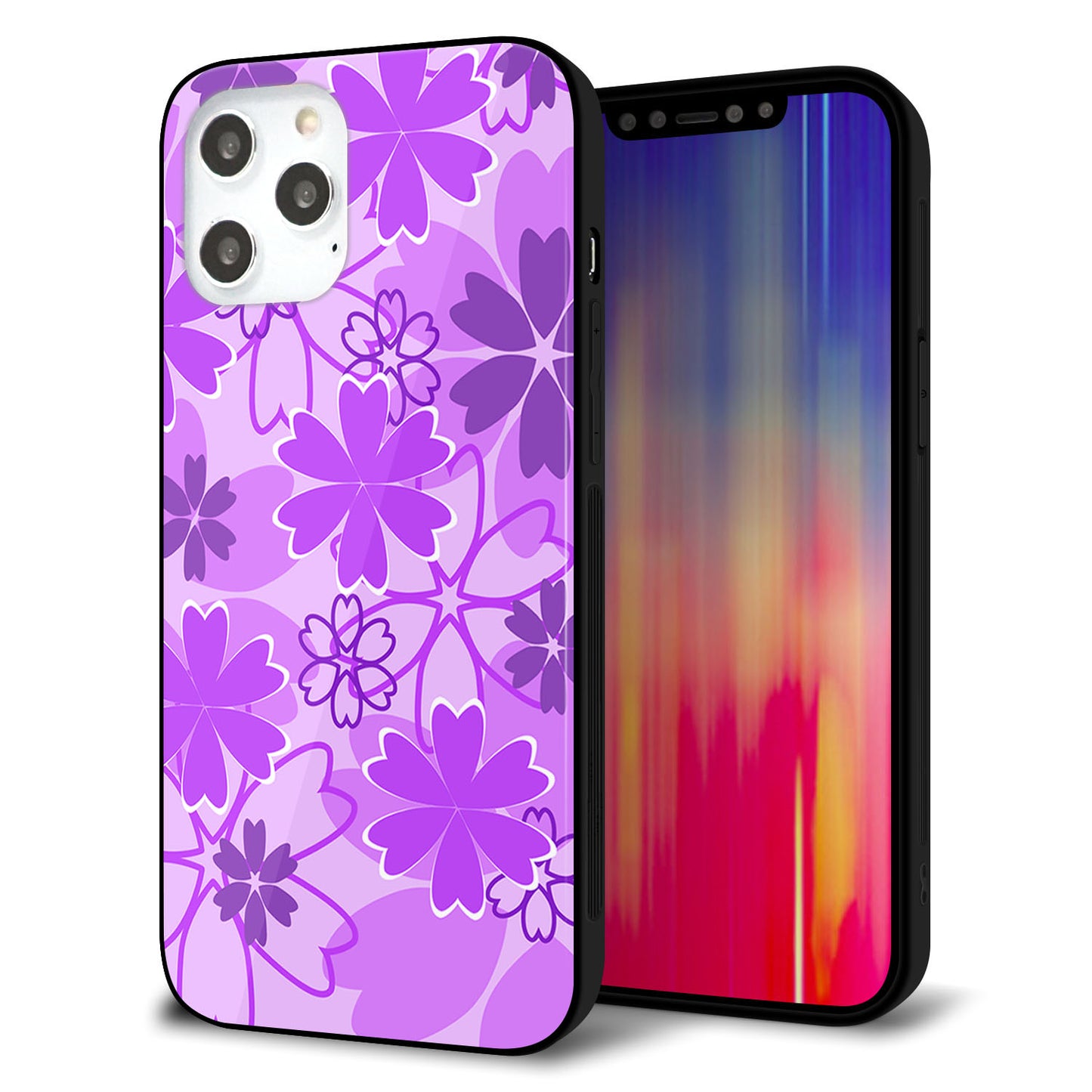iPhone 12 Pro Max 強化ガラス＆TPUスマホケース ガラプリ【VA960 重なり合う花 パープル】