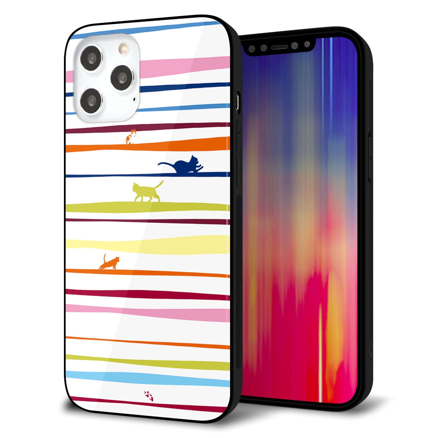 iPhone 12 Pro Max 強化ガラス＆TPUスマホケース ガラプリ【YA893 ストライプネコ02 L】