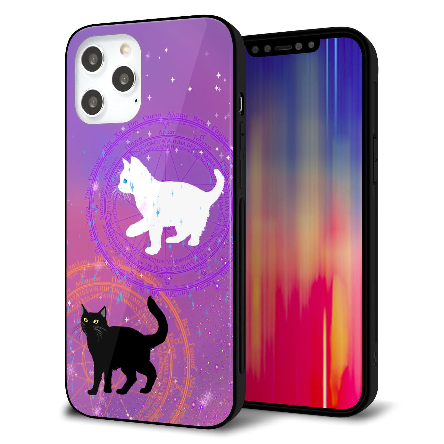 iPhone 12 Pro Max 強化ガラス＆TPUスマホケース ガラプリ【YJ328 魔法陣猫 キラキラ かわいい ピンク】