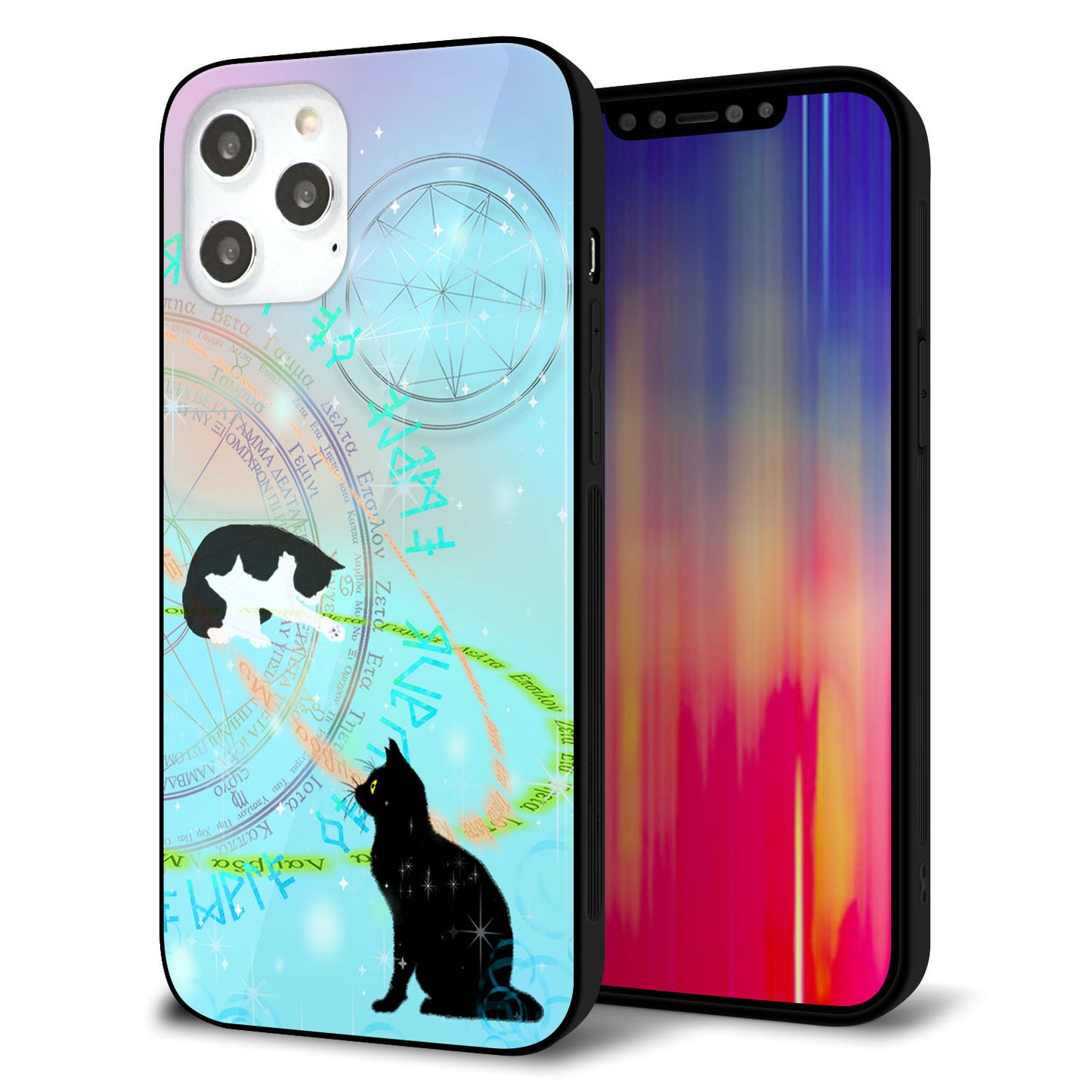 iPhone 12 Pro Max 強化ガラス＆TPUスマホケース ガラプリ【YJ329 魔法陣猫 キラキラ パステル】
