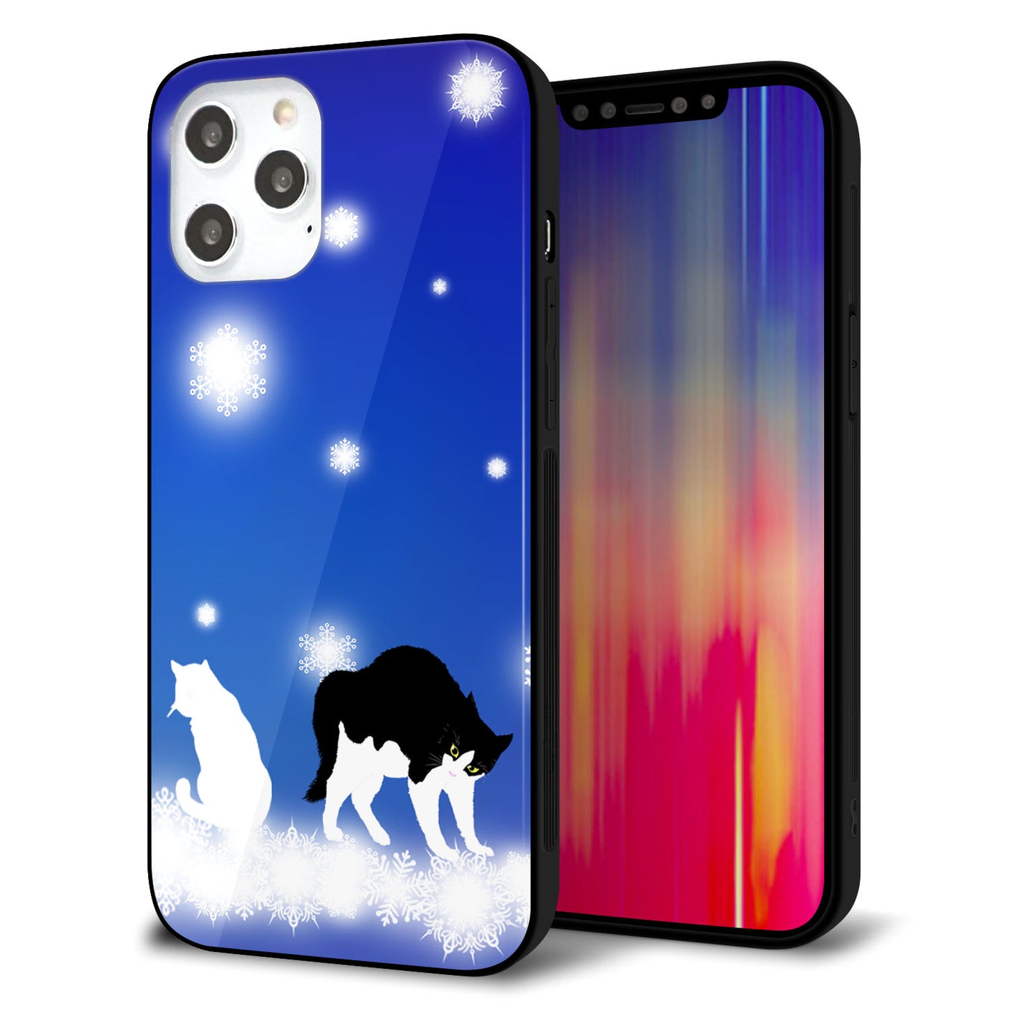 iPhone 12 Pro Max 強化ガラス＆TPUスマホケース ガラプリ【YJ335 雪の結晶 はちわれ】