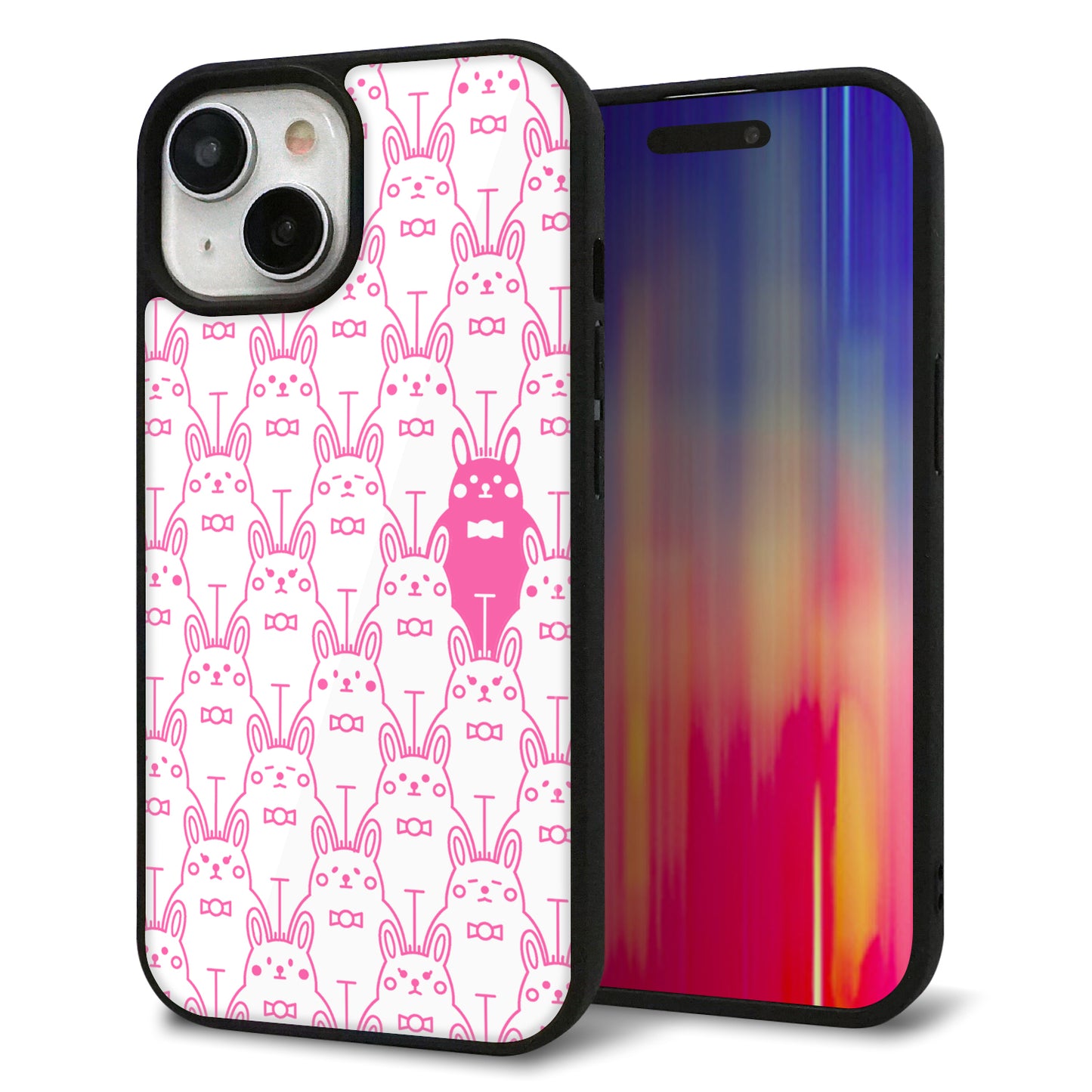 iPhone 15 強化ガラス＆TPUスマホケース ガラプリ【MA914 パターン ウサギ】