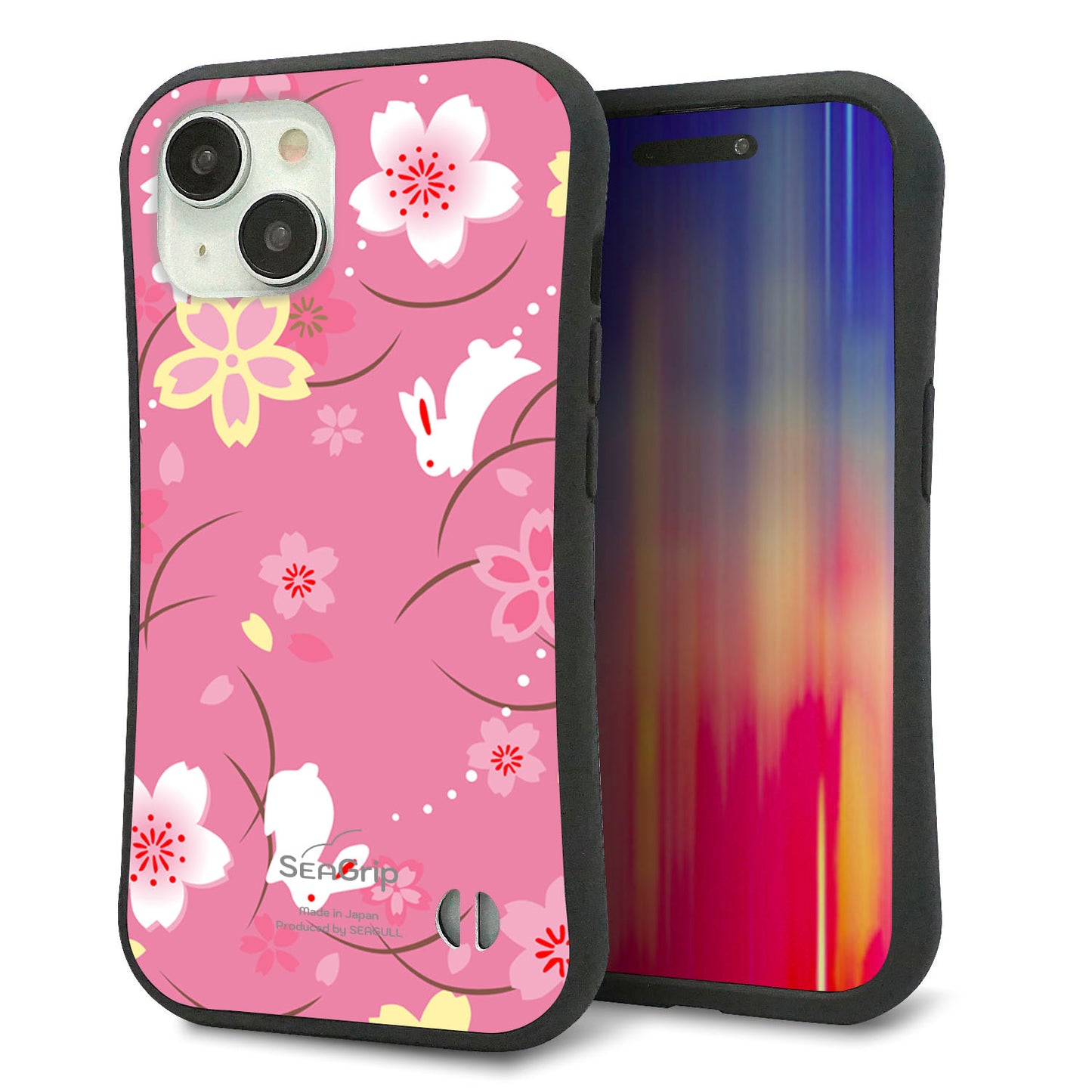 iPhone 15 スマホケース 「SEA Grip」 グリップケース Sライン 【149 桜と白うさぎ】 UV印刷
