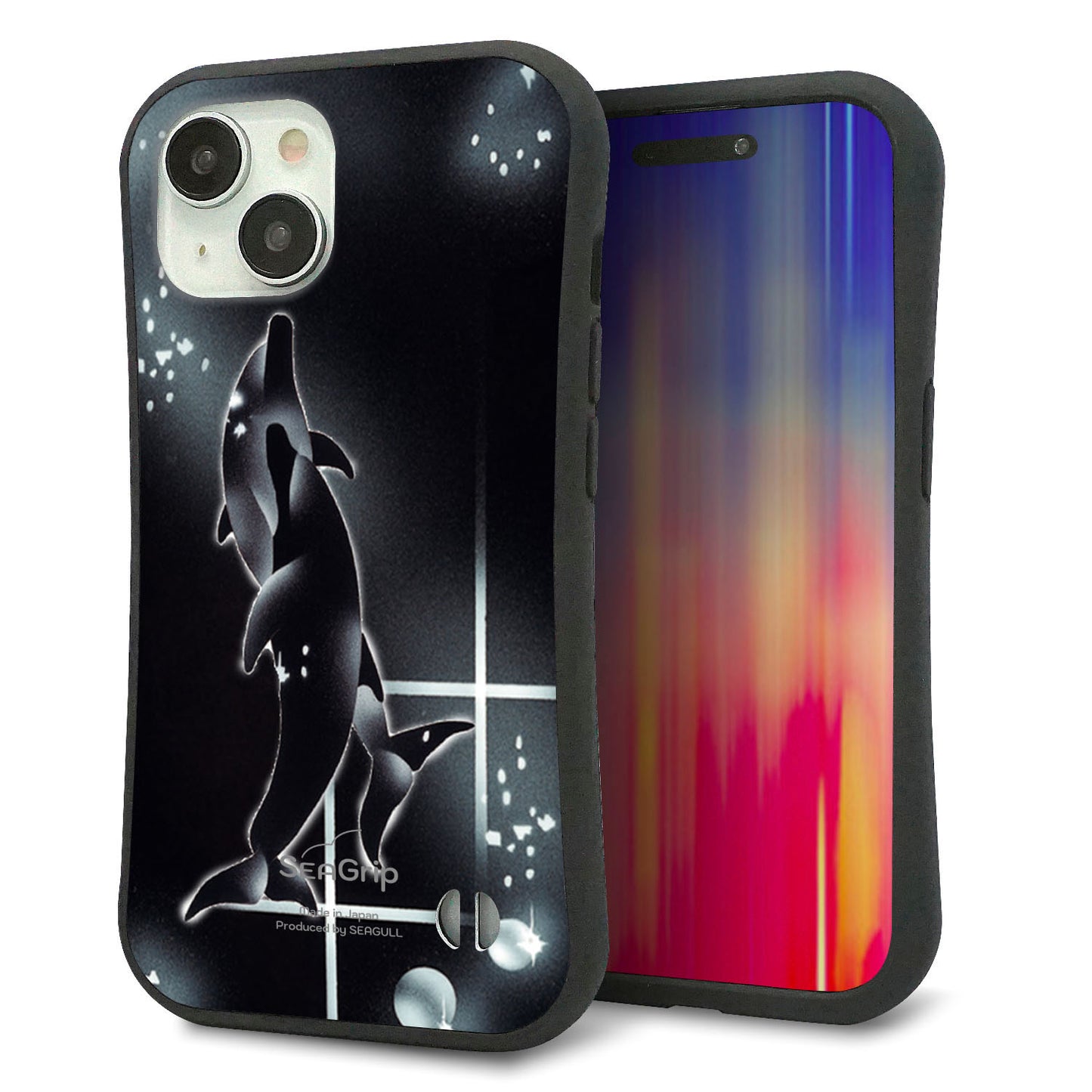 iPhone 15 スマホケース 「SEA Grip」 グリップケース Sライン 【158 ブラックドルフィン】 UV印刷