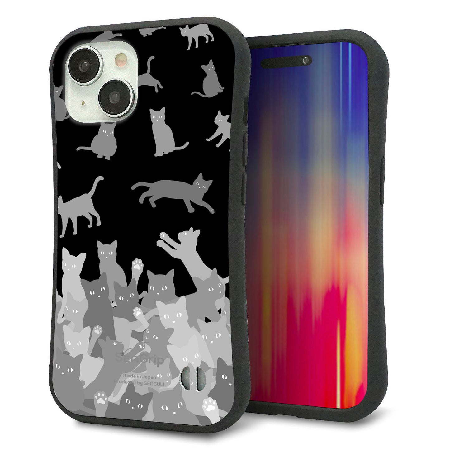 iPhone 15 スマホケース 「SEA Grip」 グリップケース Sライン 【AG887 ネコ積もり 黒】 UV印刷