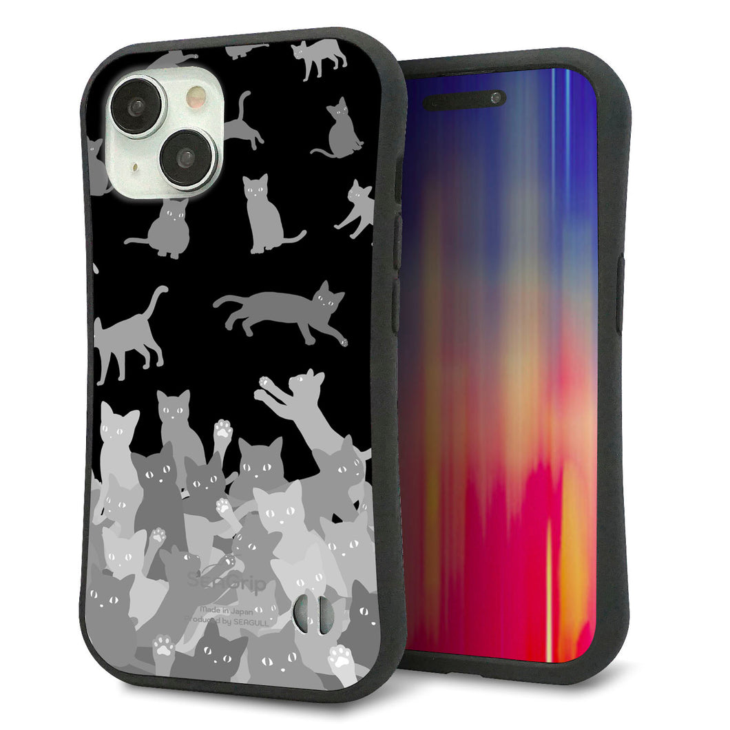 iPhone 15 スマホケース 「SEA Grip」 グリップケース Sライン 【AG887 ネコ積もり 黒】 UV印刷