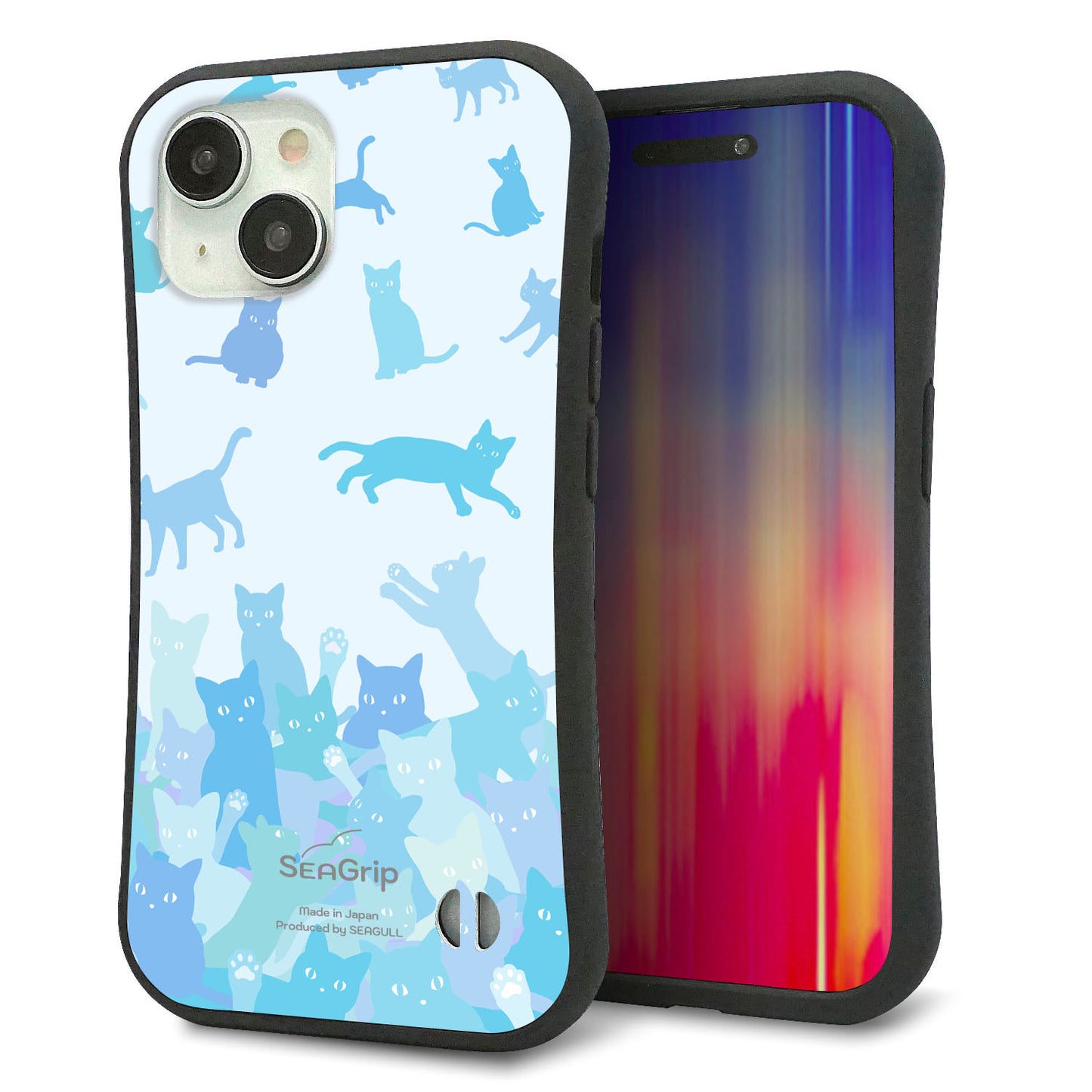 iPhone 15 スマホケース 「SEA Grip」 グリップケース Sライン 【AG888 ネコ積もり 水色】 UV印刷