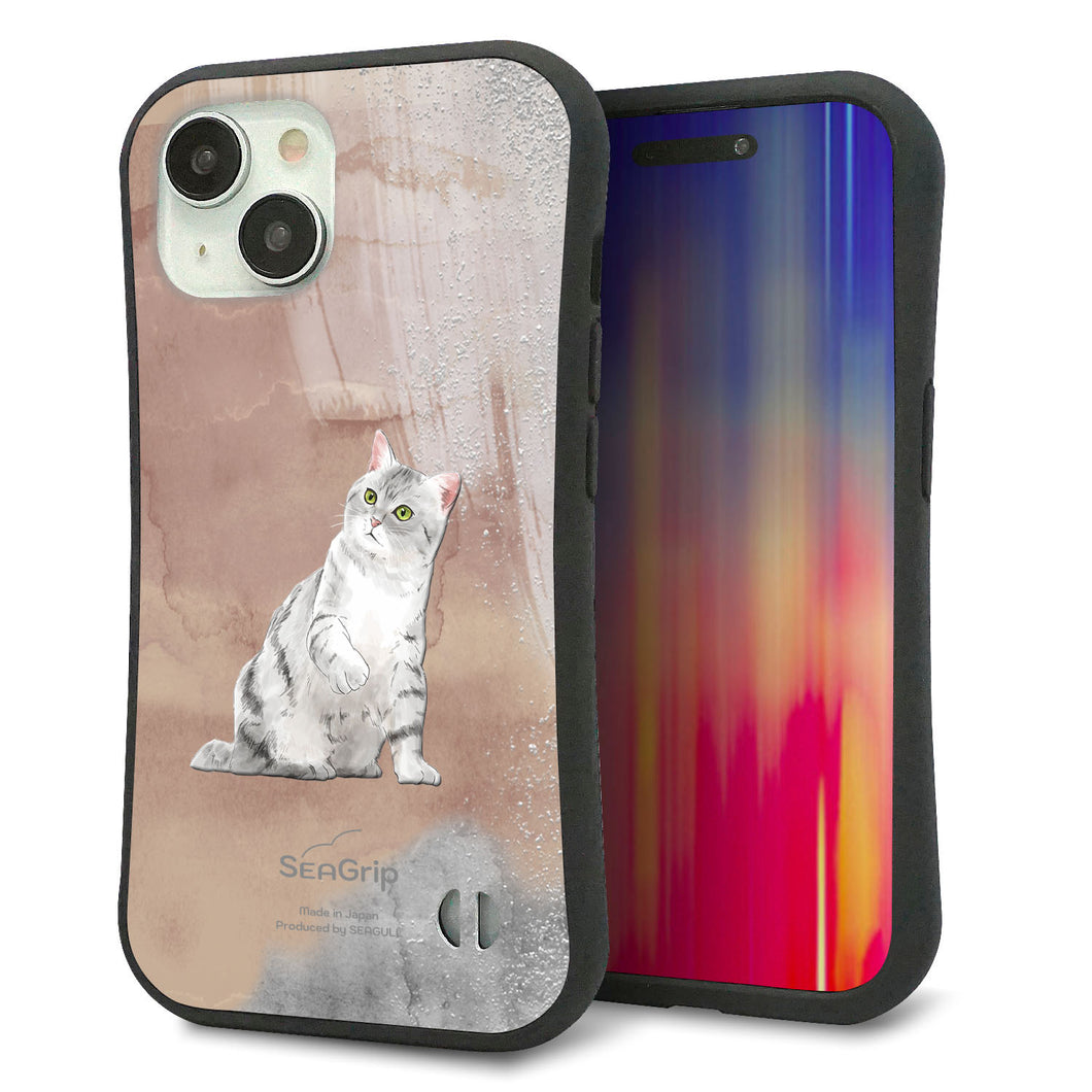 iPhone 15 スマホケース 「SEA Grip」 グリップケース Sライン 【HA166 アメリカンショートヘア+くすみカラー】 UV印刷