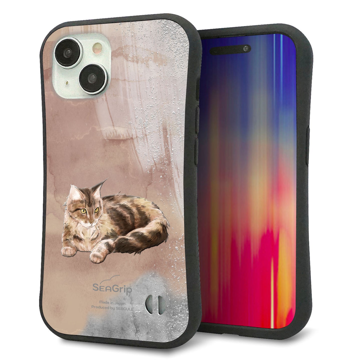 iPhone 15 スマホケース 「SEA Grip」 グリップケース Sライン 【HA173 メインクーン+くすみカラー】 UV印刷