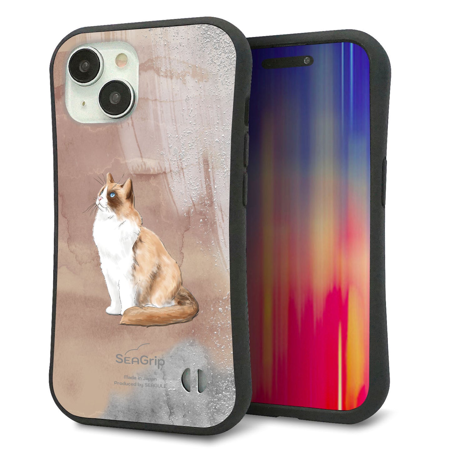 iPhone 15 スマホケース 「SEA Grip」 グリップケース Sライン 【HA174 ラグドール+くすみカラー】 UV印刷