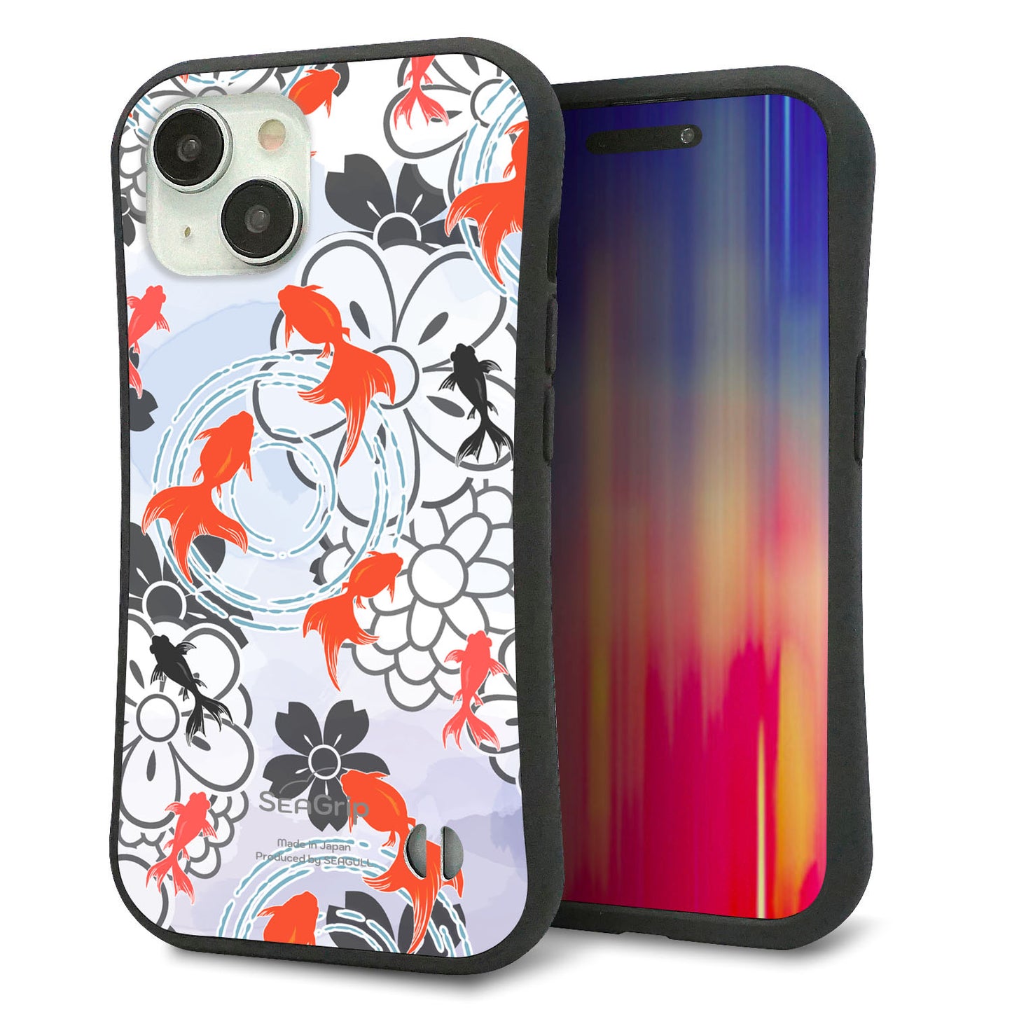iPhone 15 スマホケース 「SEA Grip」 グリップケース Sライン 【HA216 金魚 花柄 グレー 】 UV印刷
