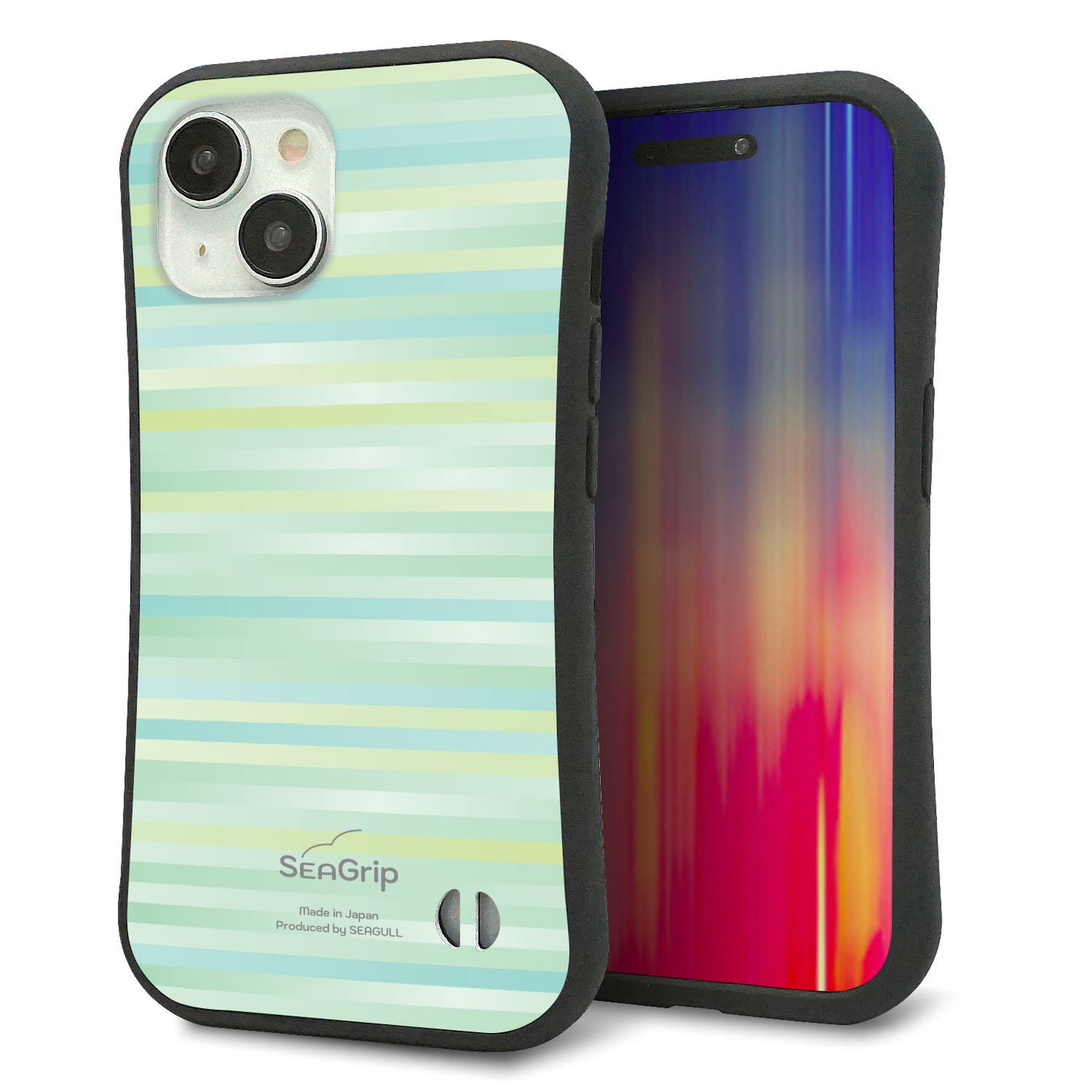 iPhone 15 スマホケース 「SEA Grip」 グリップケース Sライン 【IB908 グラデーションボーダー_グリーン】 UV印刷
