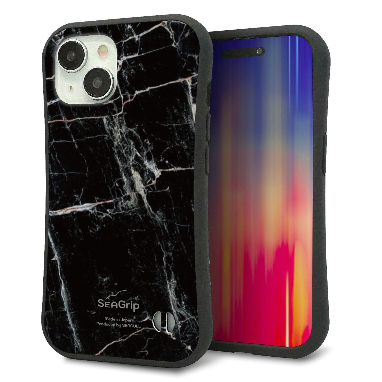 iPhone 15 スマホケース 「SEA Grip」 グリップケース Sライン 【KM867 大理石BK】 UV印刷