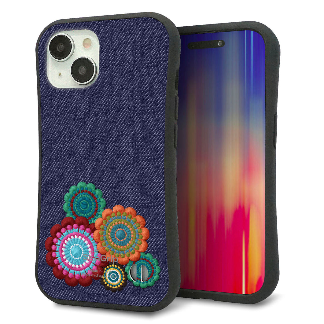 iPhone 15 スマホケース 「SEA Grip」 グリップケース Sライン 【KM934 エスニックフラワー デニム】 UV印刷