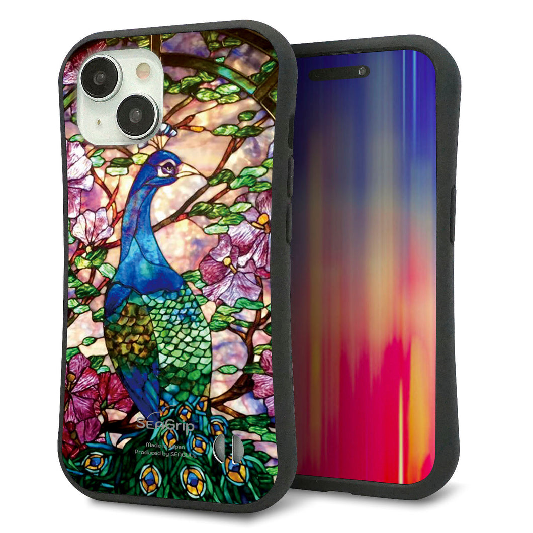 iPhone 15 スマホケース 「SEA Grip」 グリップケース Sライン 【MA996 ステンドグラス クジャク】 UV印刷