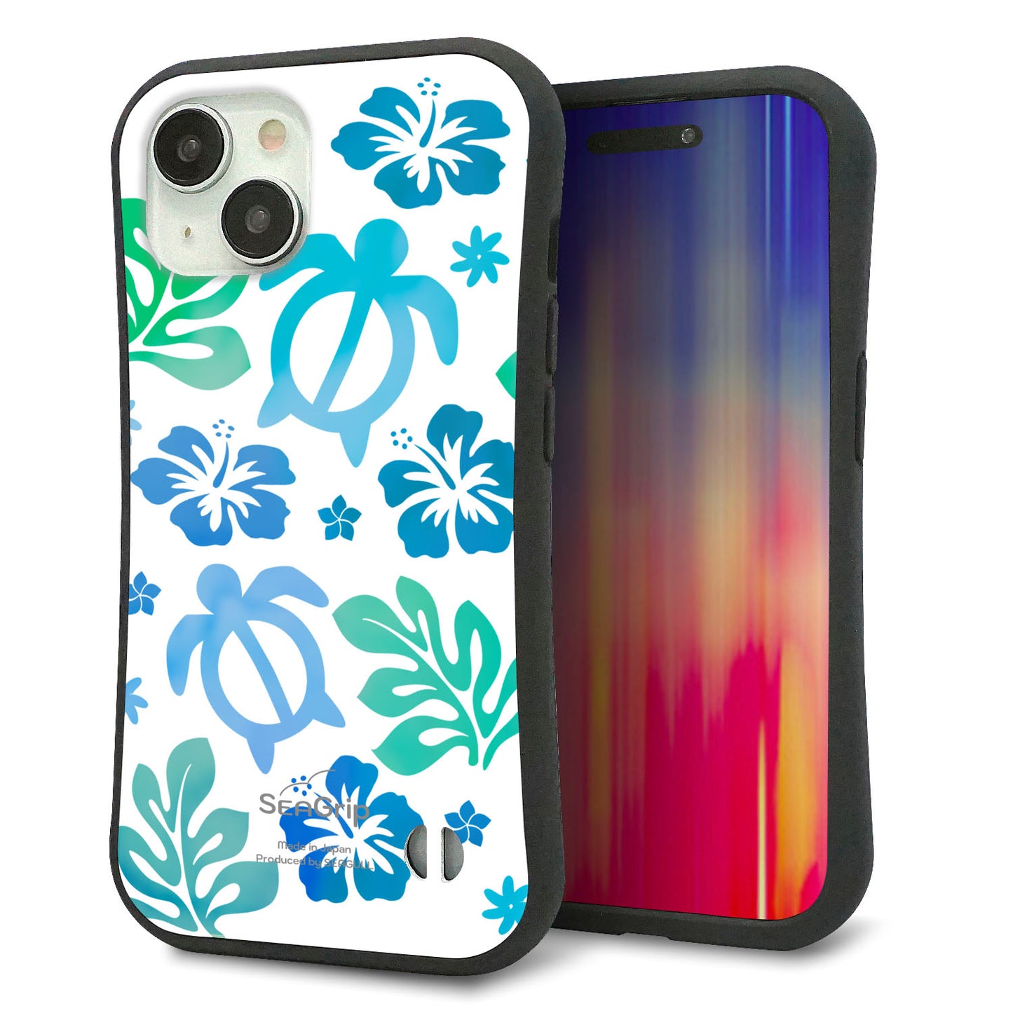 iPhone 15 スマホケース 「SEA Grip」 グリップケース Sライン 【SC880 ハワイアンアロハホヌ（ブルー）】 UV印刷