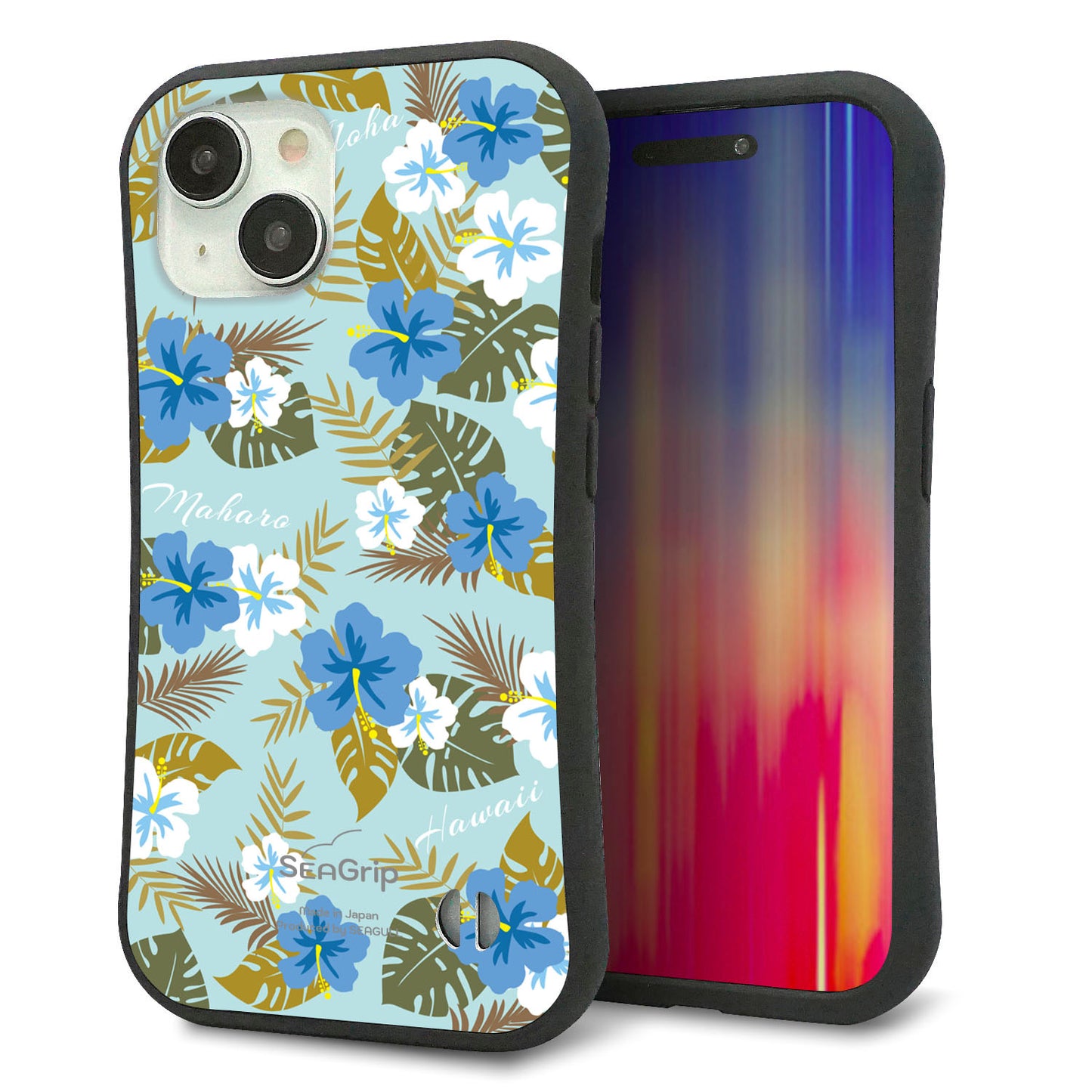 iPhone 15 スマホケース 「SEA Grip」 グリップケース Sライン 【SC883 ハワイアンアロハレトロ（ブルー）】 UV印刷