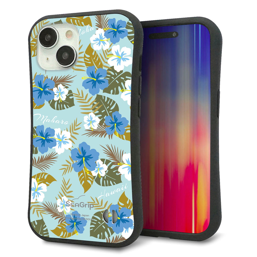 iPhone 15 スマホケース 「SEA Grip」 グリップケース Sライン 【SC883 ハワイアンアロハレトロ（ブルー）】 UV印刷