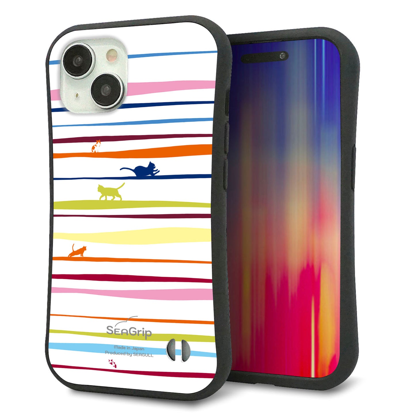 iPhone 15 スマホケース 「SEA Grip」 グリップケース Sライン 【YA893 ストライプネコ02 L】 UV印刷