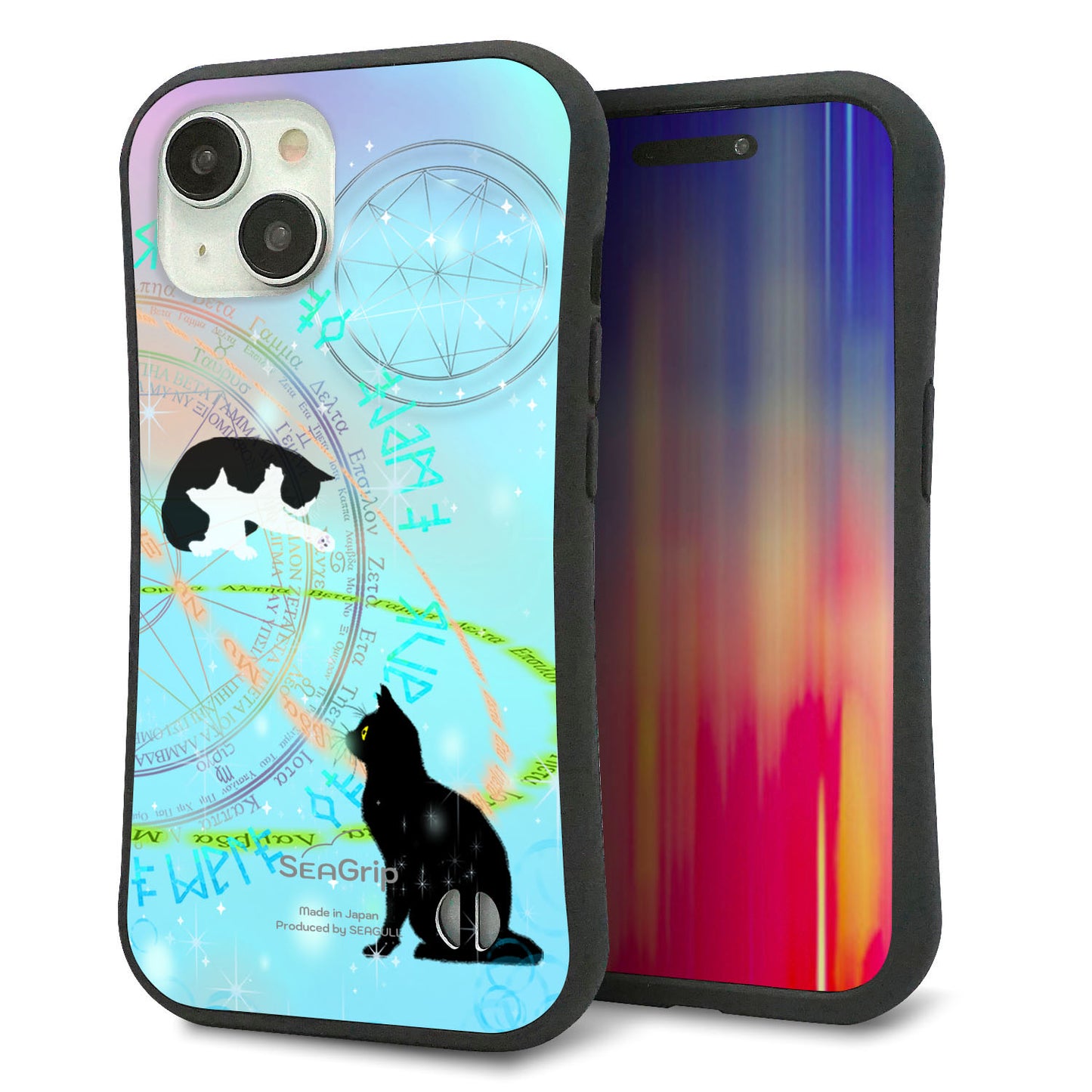 iPhone 15 スマホケース 「SEA Grip」 グリップケース Sライン 【YJ329 魔法陣猫 キラキラ パステル】 UV印刷