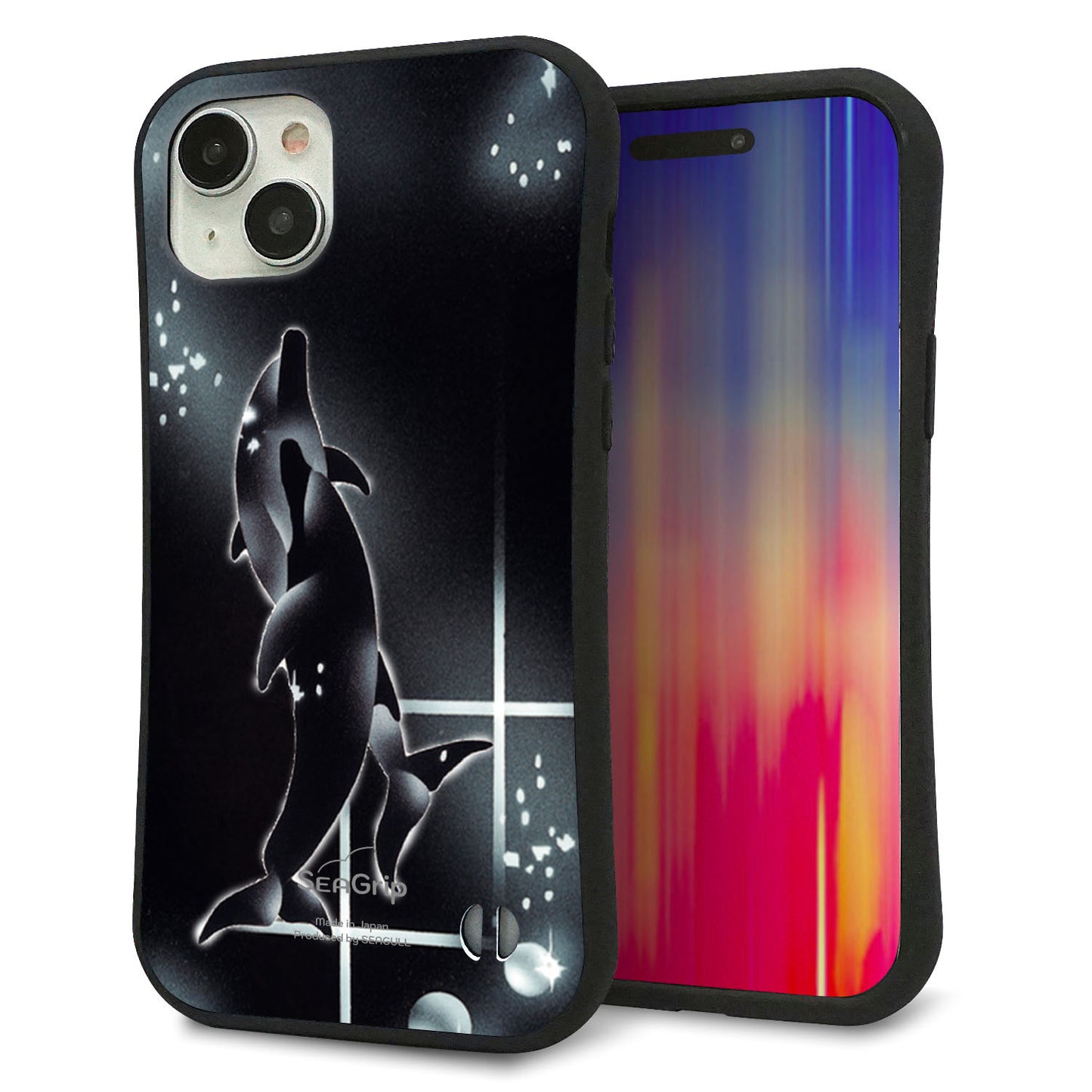 iPhone 15 Plus スマホケース 「SEA Grip」 グリップケース Sライン 【158 ブラックドルフィン】 UV印刷