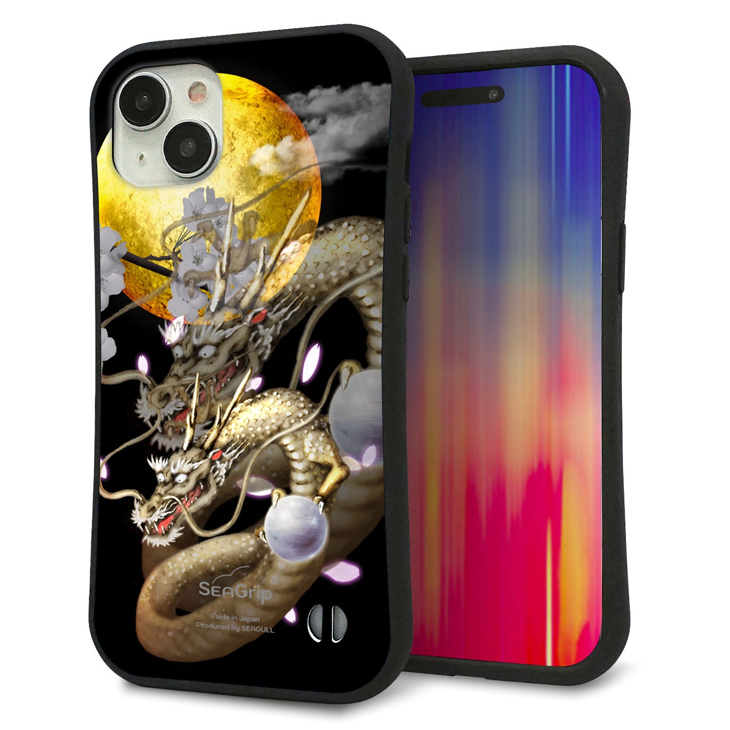 iPhone 15 Plus スマホケース 「SEA Grip」 グリップケース Sライン 【1003 月と龍】 UV印刷